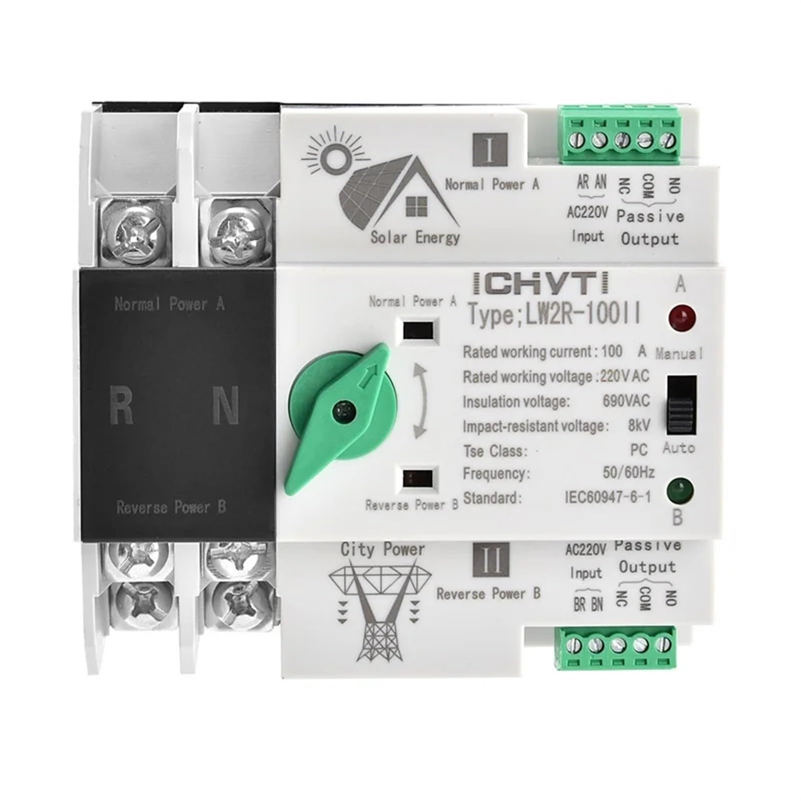 NVSFZGIYG LW2R-100 2P AC 220V 100A Continuous Double Power Automatic ATS Transfer Switch for Solar Inverter(2p 100a 220v,For Solar Inverter)