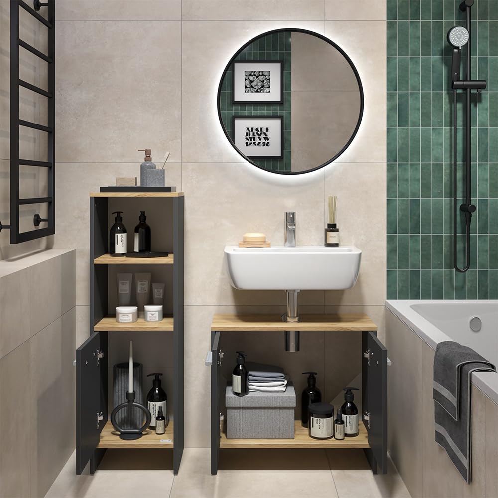 Vicco Conjunto de Muebles de baño Karli, Antracita/Roble Dorado, 63.8 cm, Compuesto por Mueble bajo para Lavabo y Columna de baño
