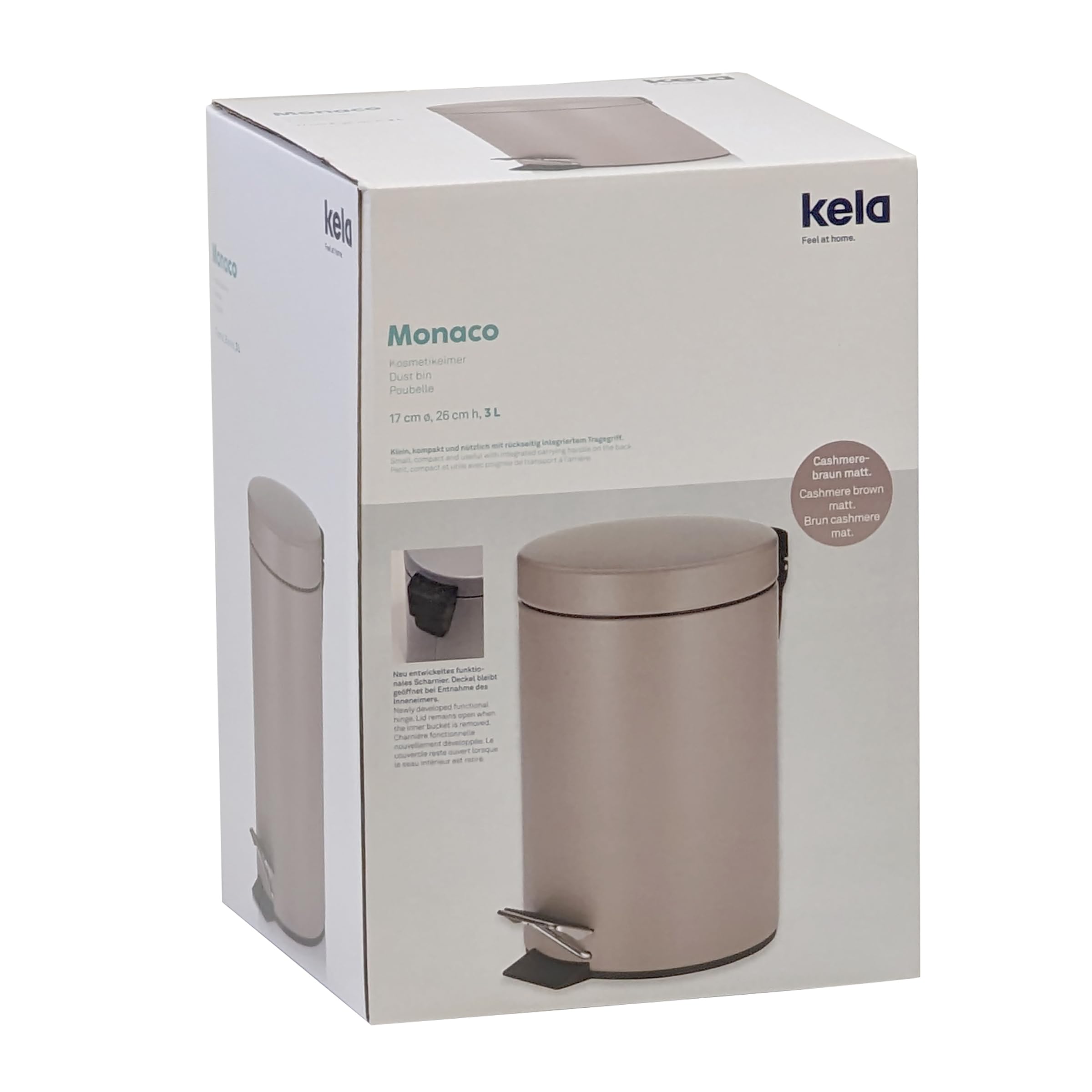 kela Cubo de basura para cosméticos marrón 3 l, cubo de basura metálico con pedal para baño, cubo de basura para baño con cubo interior y asa de transporte, MONACO, marrón cachemira mate