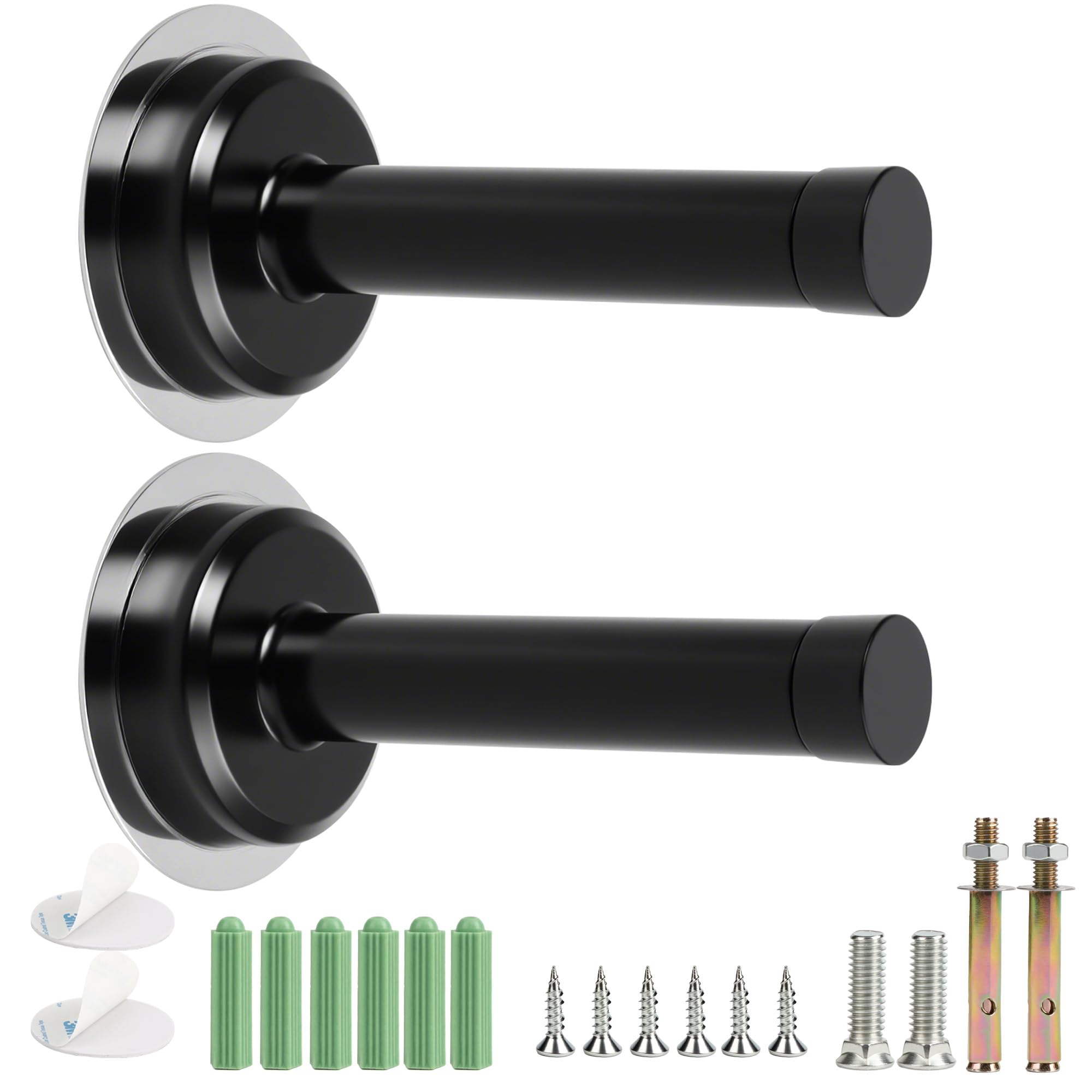 Wall Mounted Door stoppers, Heavy Duty Stainless Steel Door Stop with Rubber Buffer, Door Stopper for skirtings, Doorstop with Screws and Adhesive Tape, Protect Doors and Walls(Black 2 Pcs)