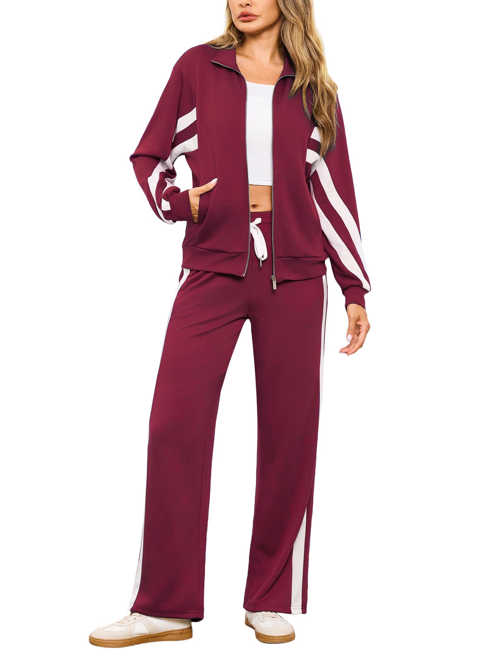 Terecey Tuta Donna Sportiva Elegante Completa Tute Maniche Lunghe Colore Contrasto Linea Autunno Invernale Sportivi Abbigliamento Jogging Yoga Training Fitness Casa Set S-XXL