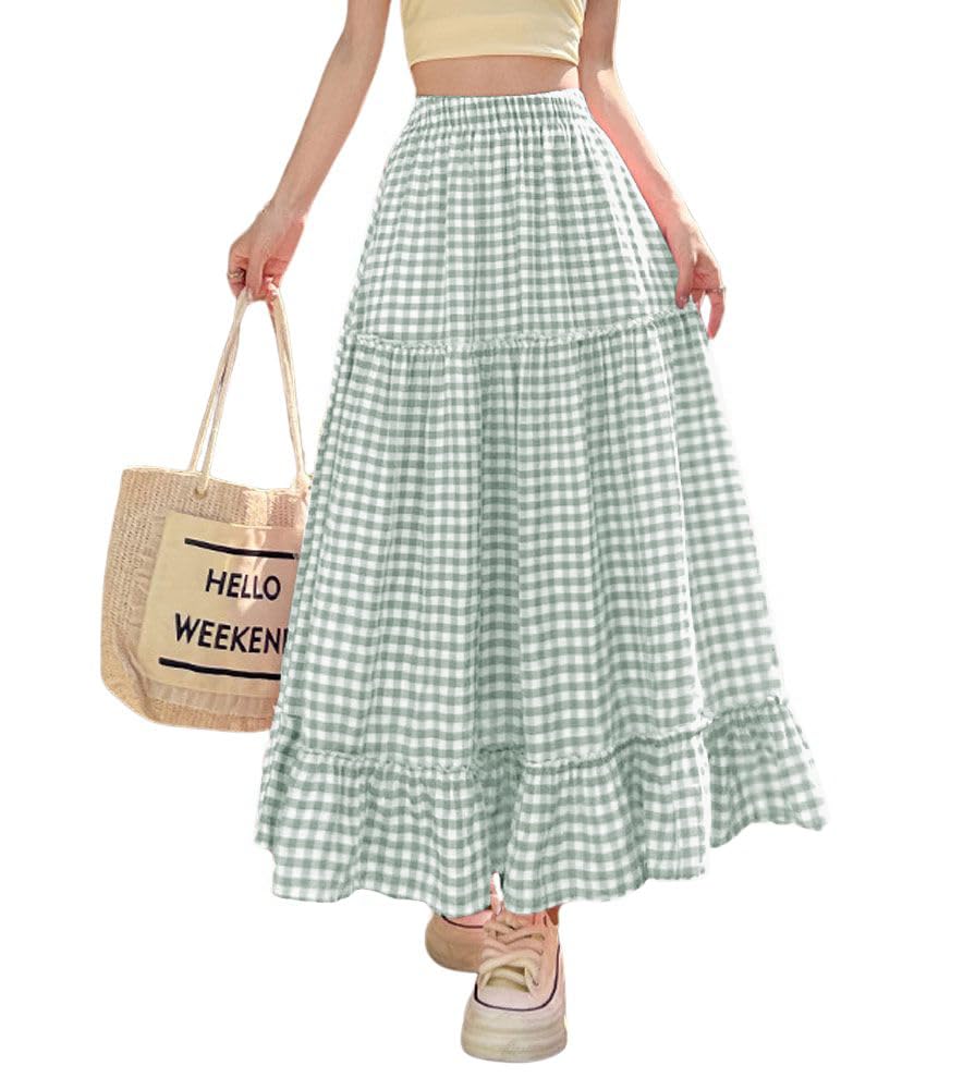 chouyatou Womens Vintage Plaid Ruffle Skirt High Elastic Waist A Line Swing Pleated Long Skirt