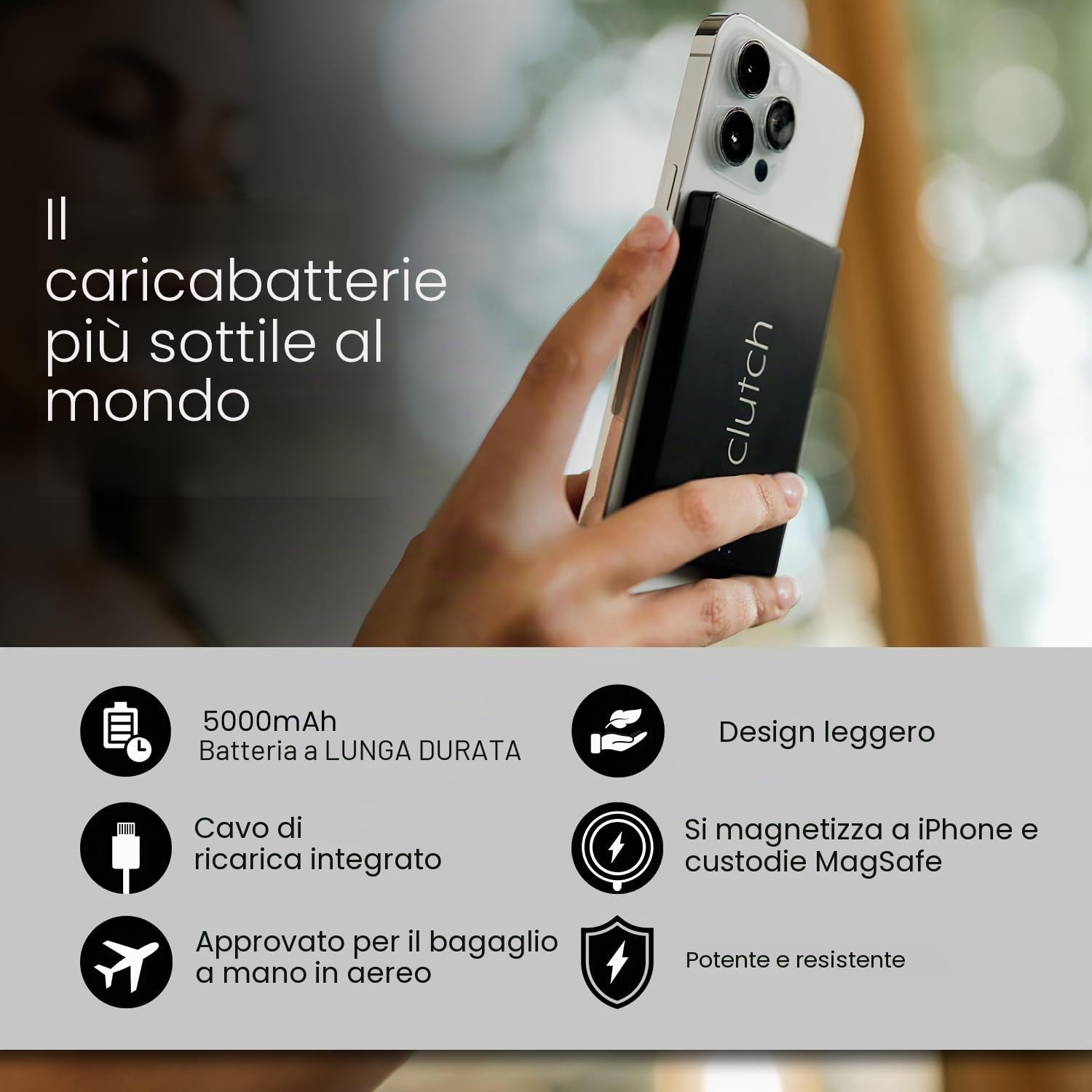 Clutch Pro – Caricabatterie portatile più sottile al mondo – Power Bank USB-C 5000 mAh – Cavo magnetico integrato – Caricabatterie da viaggio approvato TSA – iPhone 15/16/17 e Android – Nero