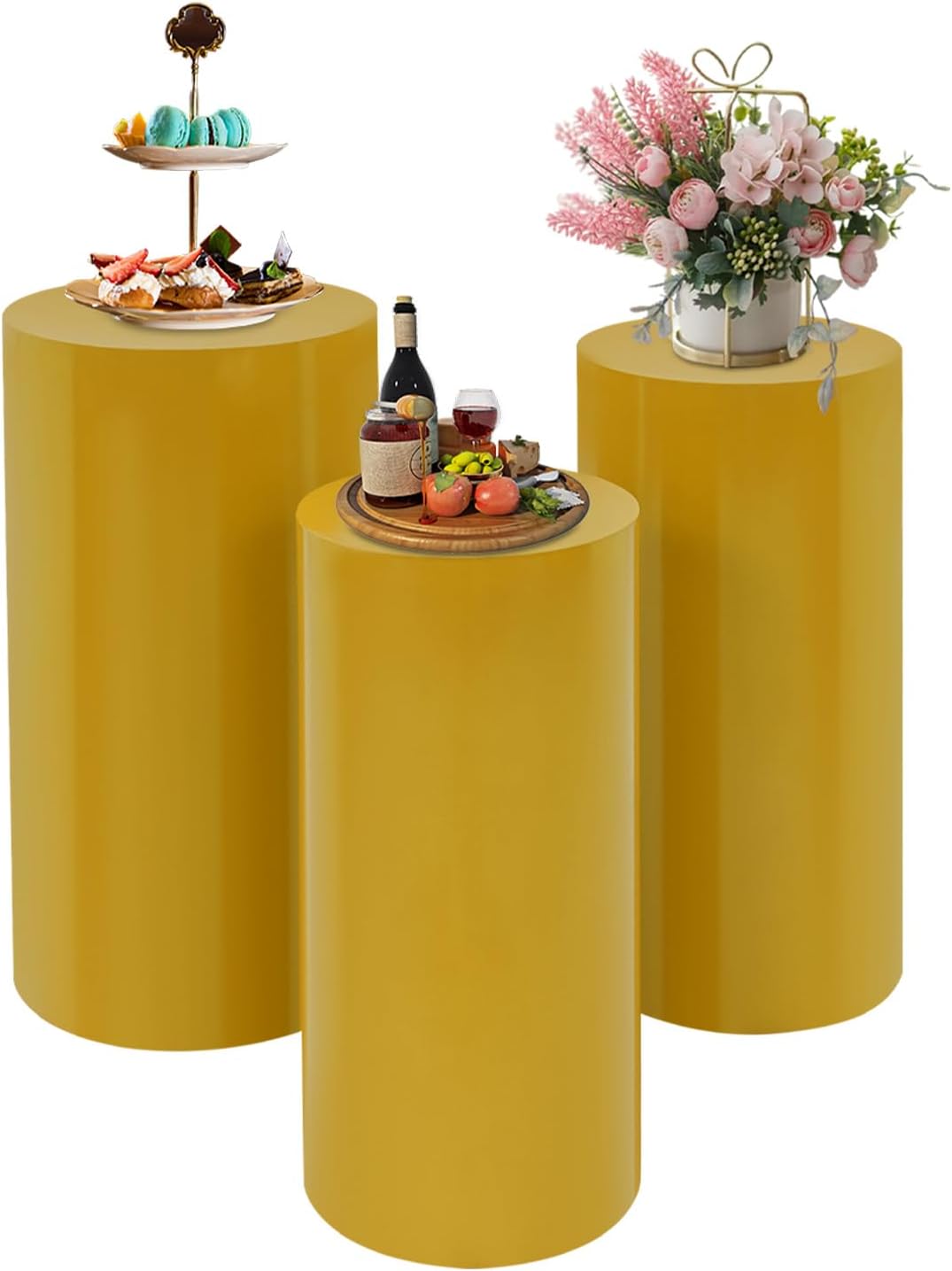 3Pcs Metal Cylinder Pedestal Stands, 10.6"/11.8"/13.8" Diameter x 23.6"/26"/27.6" Tall, Hollow Column Display Risers for Wedding, Party, Cake, Centerpiece Decor (Gold)