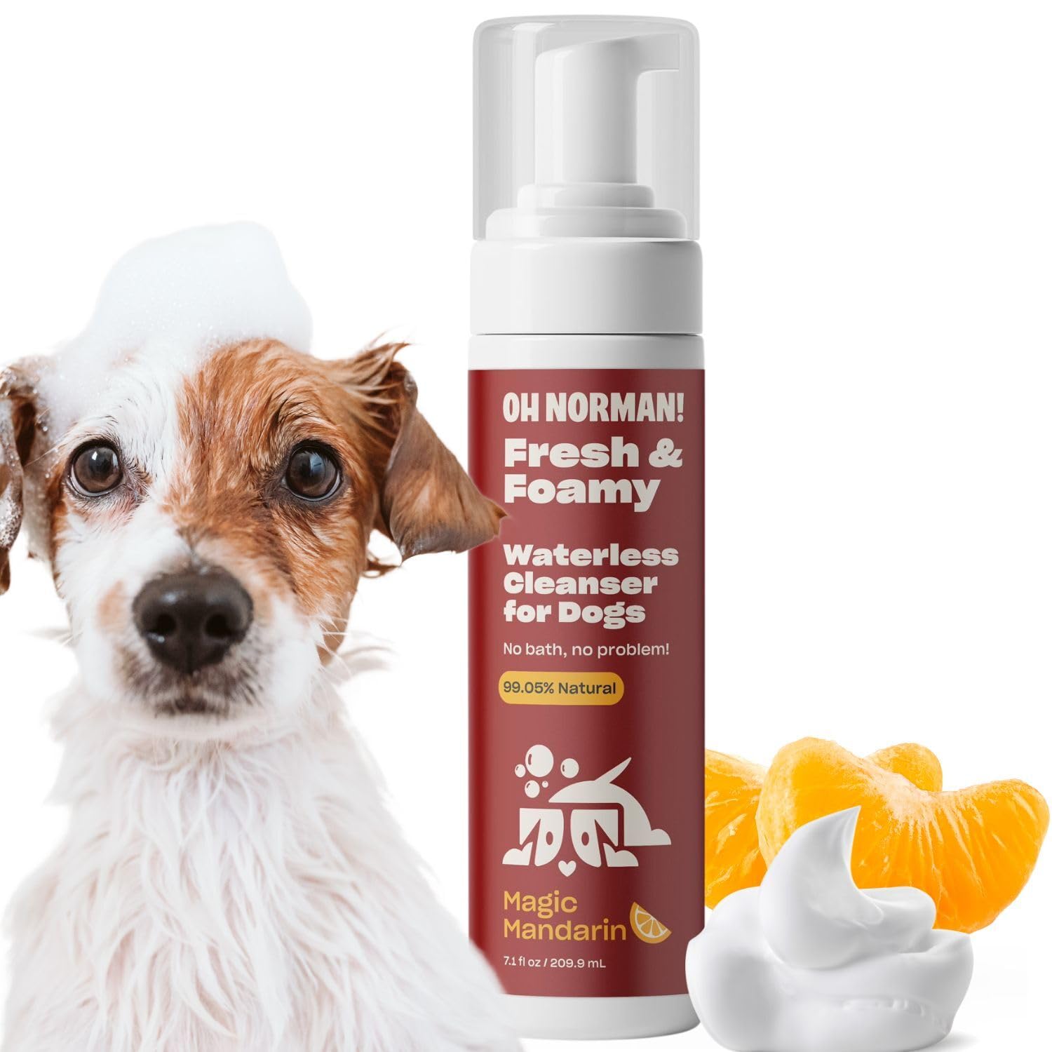 Oh Norman! Fresh and Foamy Waterless Shampoo by Kaley Cuoco, No Rinse Dry Shampoo for Dogs, Magic Mandarin Scent, Hypoallergenic, Cruelty-Free, 7.1 Fl Oz