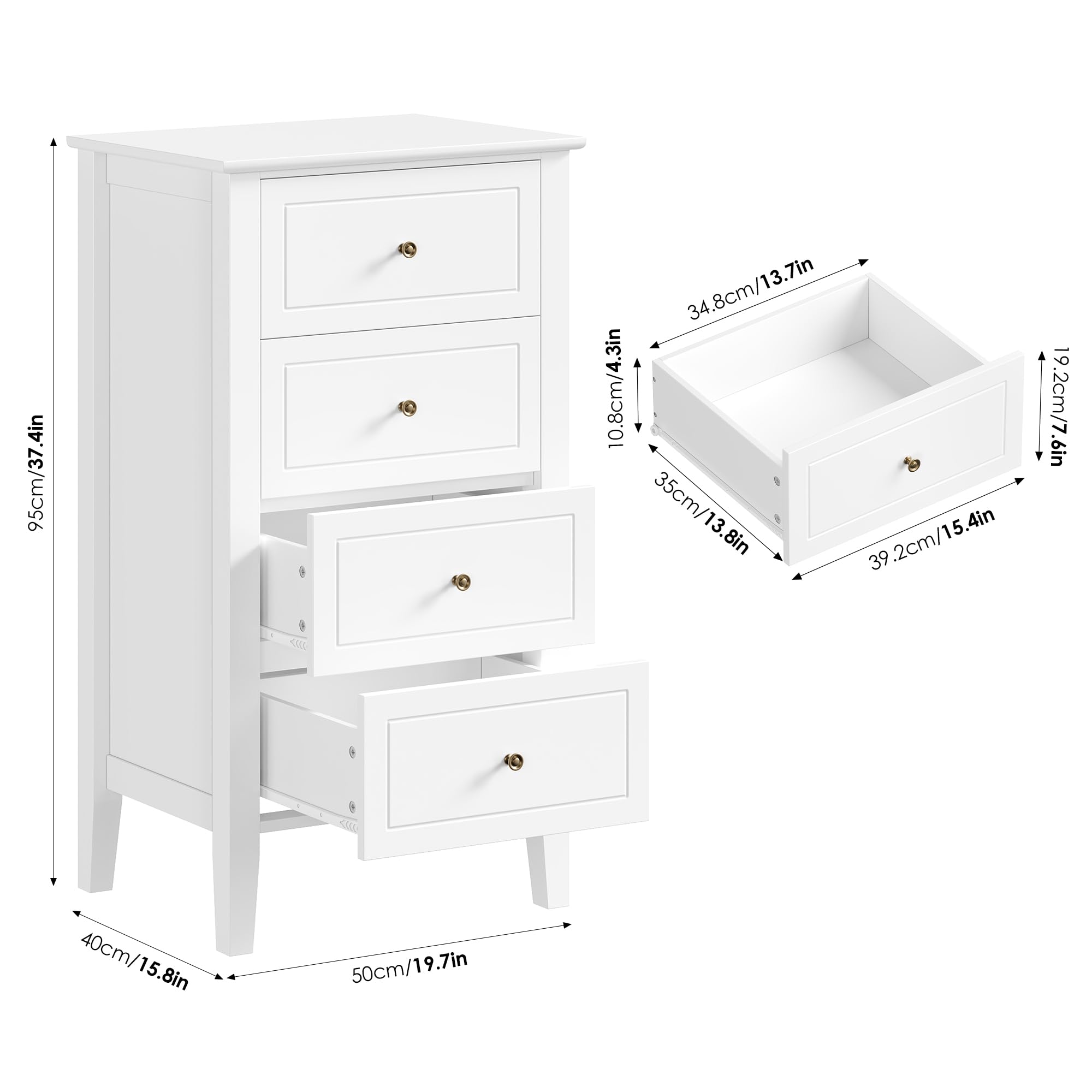 FOREHILL Cassettiera Camera da Letto, Comodino Bianca con 4 Cassetti in Legno, Mobiletto Autoportante per Soggiorno, Corridoio, Cucina 50x40x95 cm
