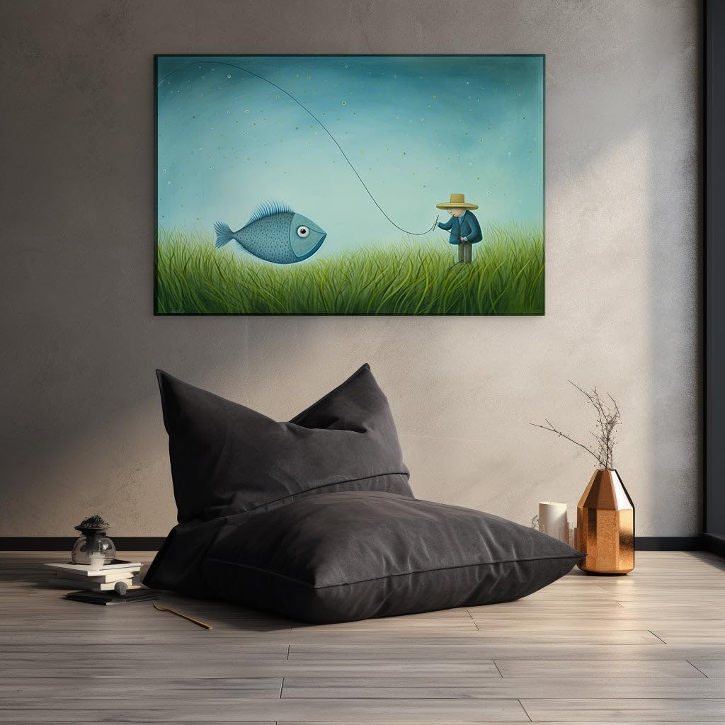 Canvas for Living room. Starry Night Serenade: When the Blue Fish Dances on a Hook, 27 x 18 inch Canvas Wall Art - Contemporary Masterpieces - Modern Home Decor