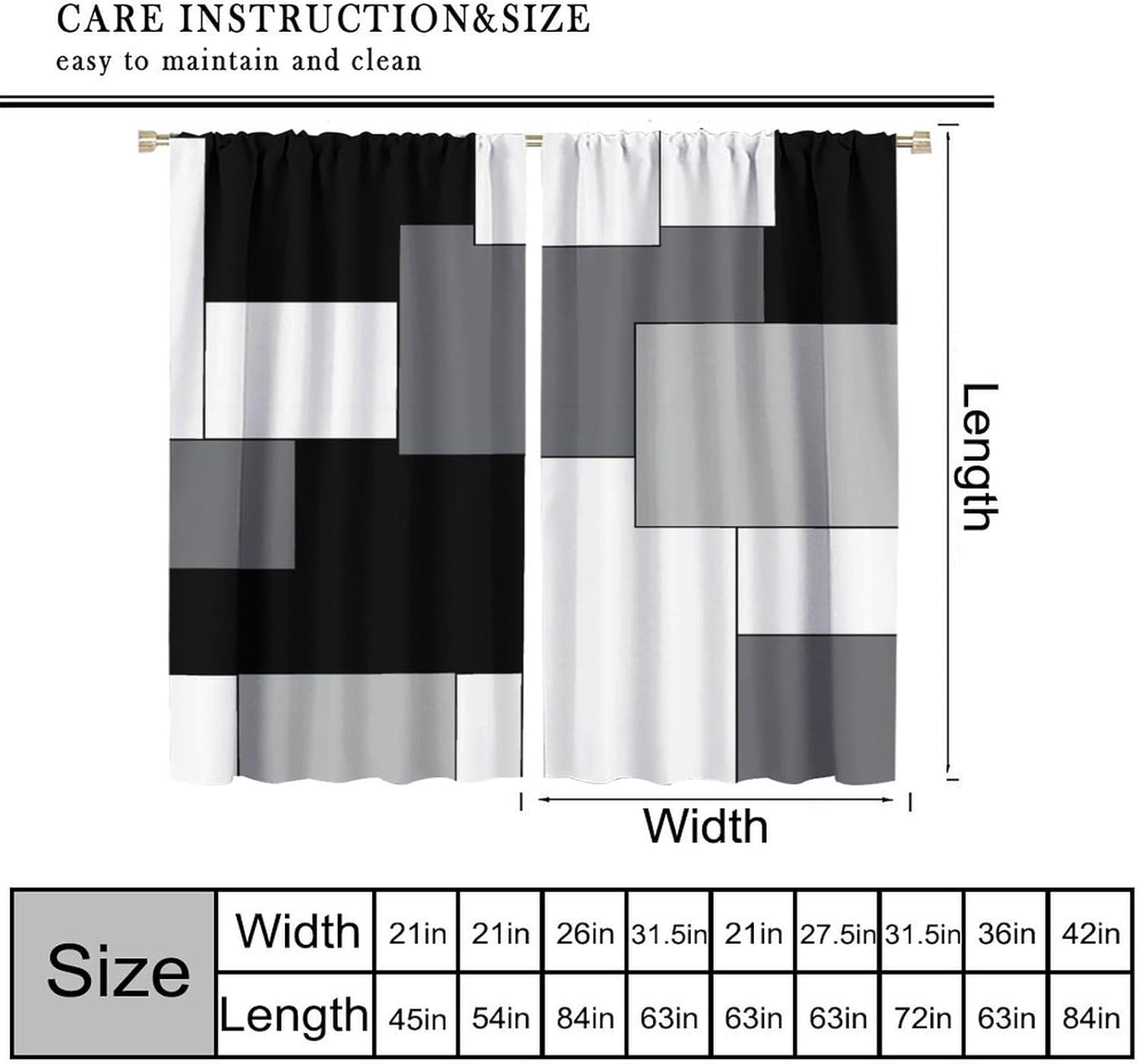 Black Grey White Curtains Geometry Pattern Digital Print Multicolor Curtain with Rod Pocket for Bedroom Living Room Home Decor Drapes Window Treatments 2 Panels Set 55" W X 63" L