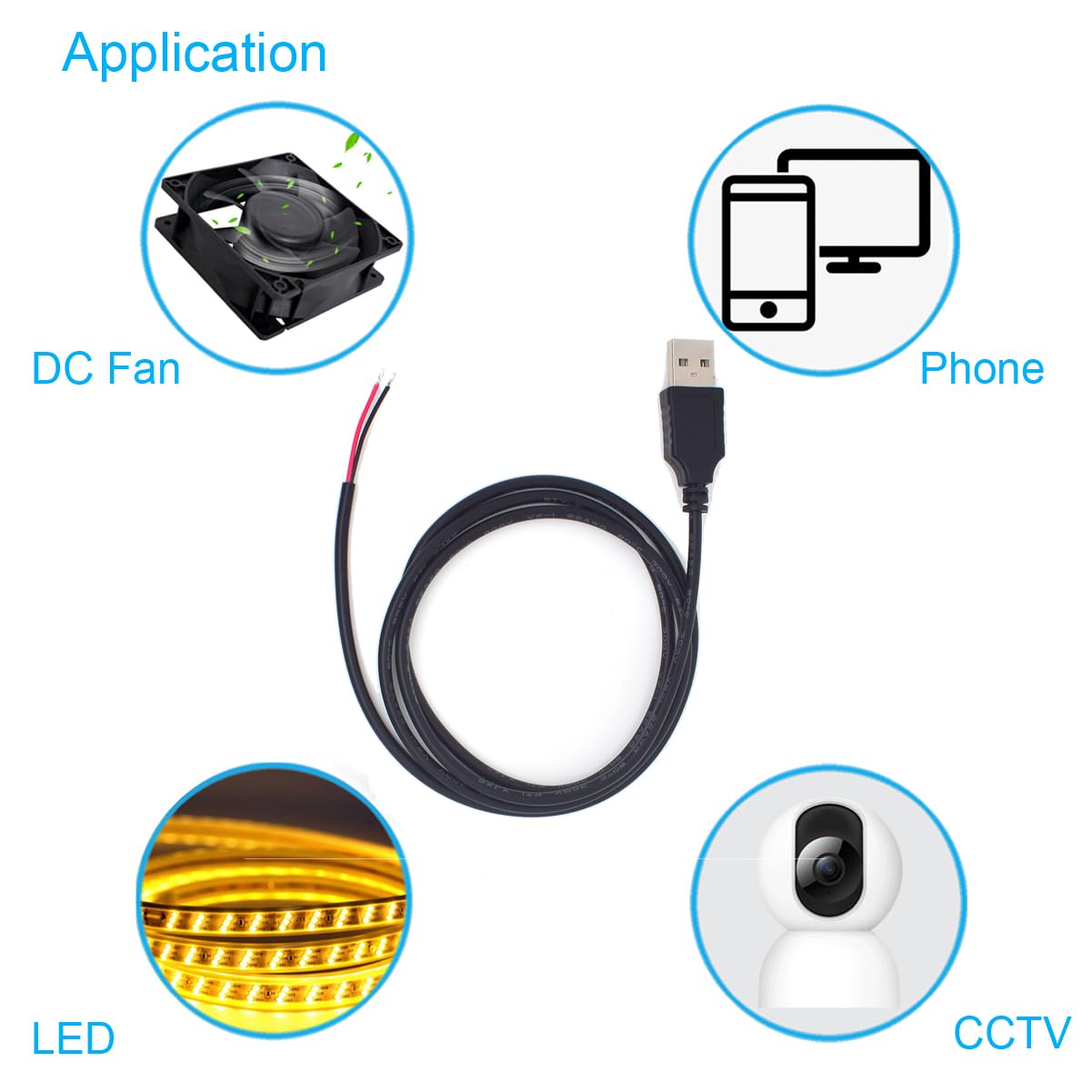 5 cavi USB a spirale a 2 fili, 22 AWG, 1 m, USB 2.0 maschio, 2 pin, filo nudo 5 V 3 A, 2 nuclei, cavo di prolunga con estremità aperta, con connettore a molla a 2 posizioni (USB maschio)