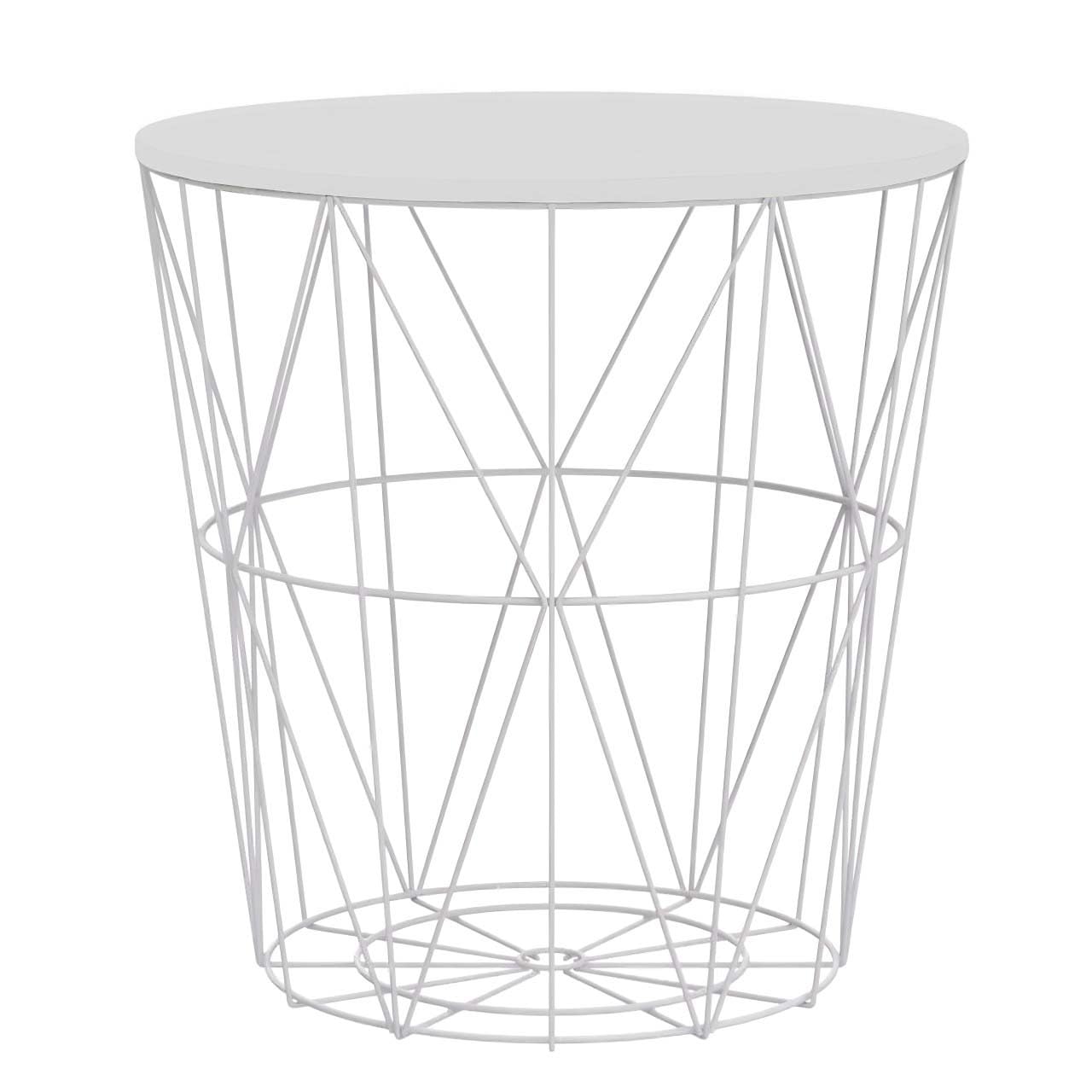 Round Side Table Wire Metal Storage Basket Modern Tea Nest Table with Removable Wood Top for Hallway, Living Room, Bedroom, or Office Decor Sidetable (White with White Lid, Small)
