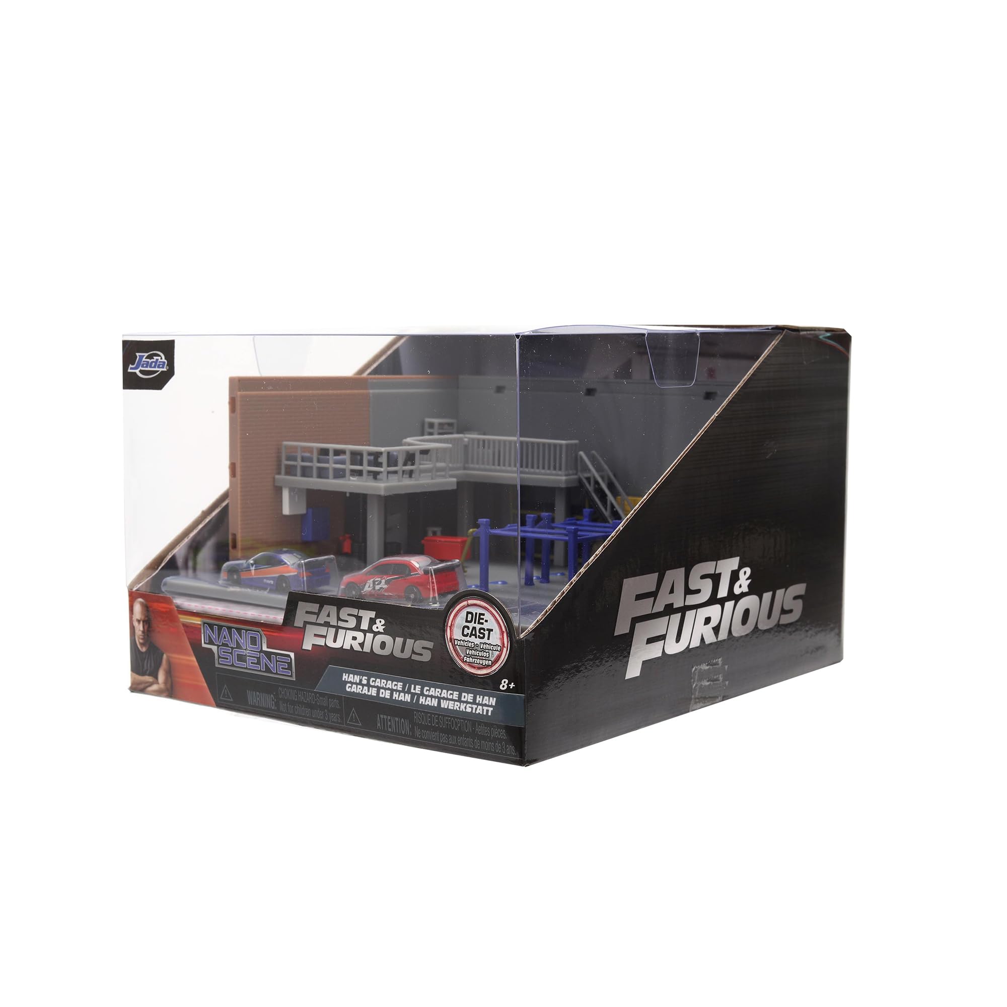 Jada, Fast & Furious Nano Escenario Garaje de Han, Set de rodaje a Escala 4 cm, Incluye 2 Coches con carrocería de Metal Ruedas Libres y Goma, muros Desmontables, +8 años (9336403314R00)