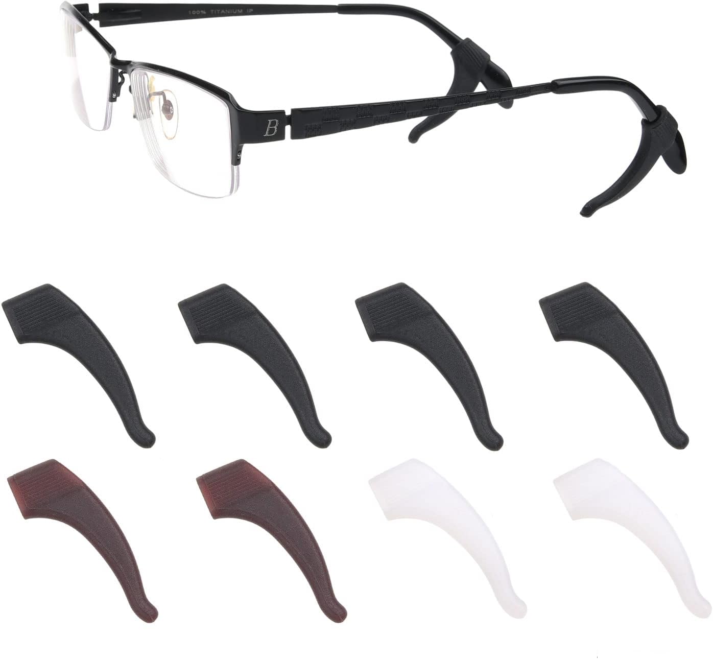 Eyeglass Ear Grip Hooks - 8 Pair - 4x Black, 2x Brown, 2x White Transparent - The Earpiece Covers Allow a Perfect Fit and Prevent Your Glasses from Slipping Off - with Diamond Shield Cloth and Pack