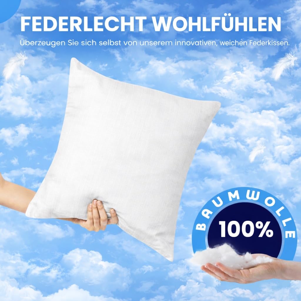 Federkissen 80x80 cm 2er Set - Kopfkissen 100% Federfüllung Bezug aus Baumwolle Oeko-Tex Zertifiziert 1200 g