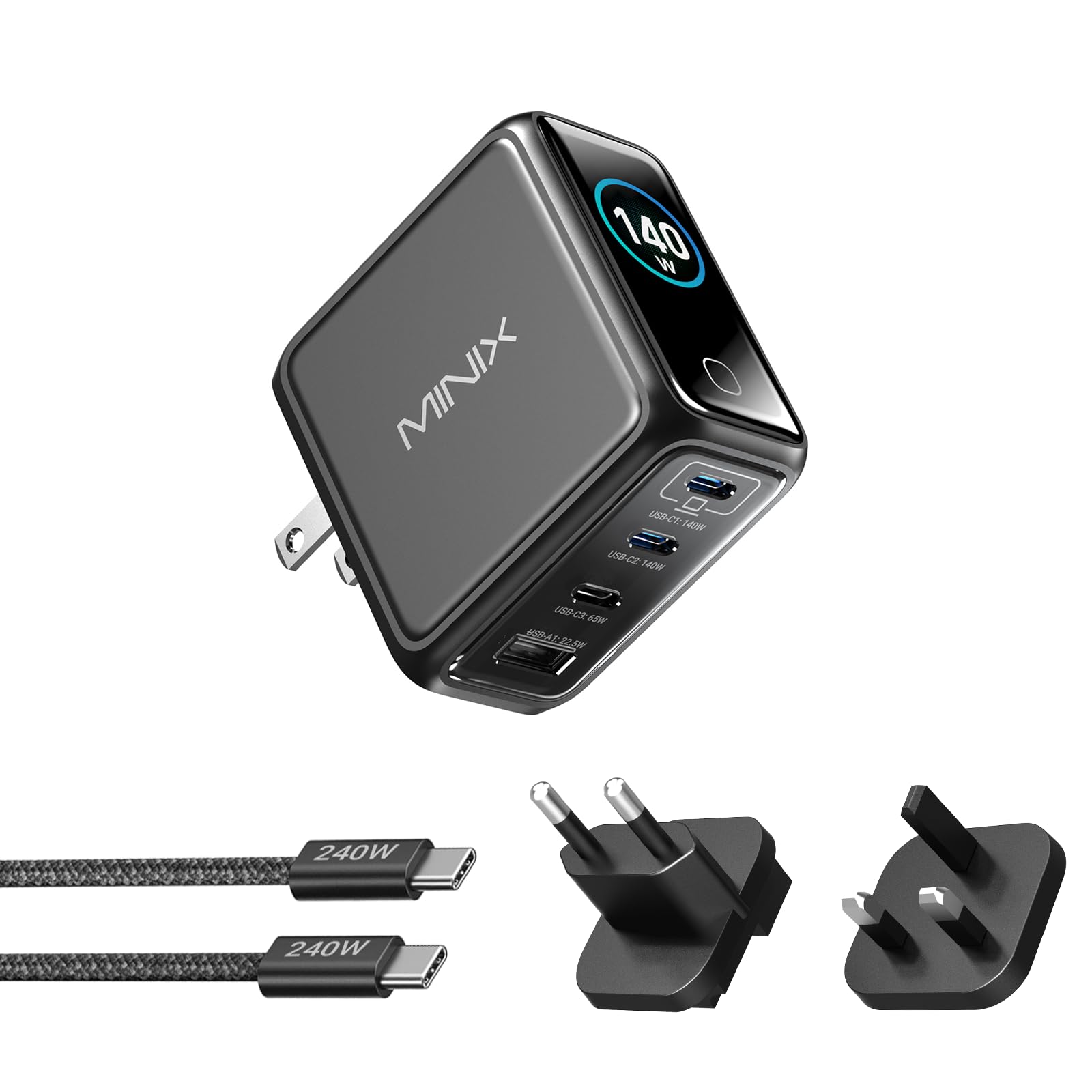MINIX Caricatore USB C 140W Max 4 porte PD3.1 GaN, blocco di ricarica con cavo 240W, schermo intelligente e controllo touch, adattatore da viaggio pieghevole spine US/EU/UK per MacBook, iPad, iPhone