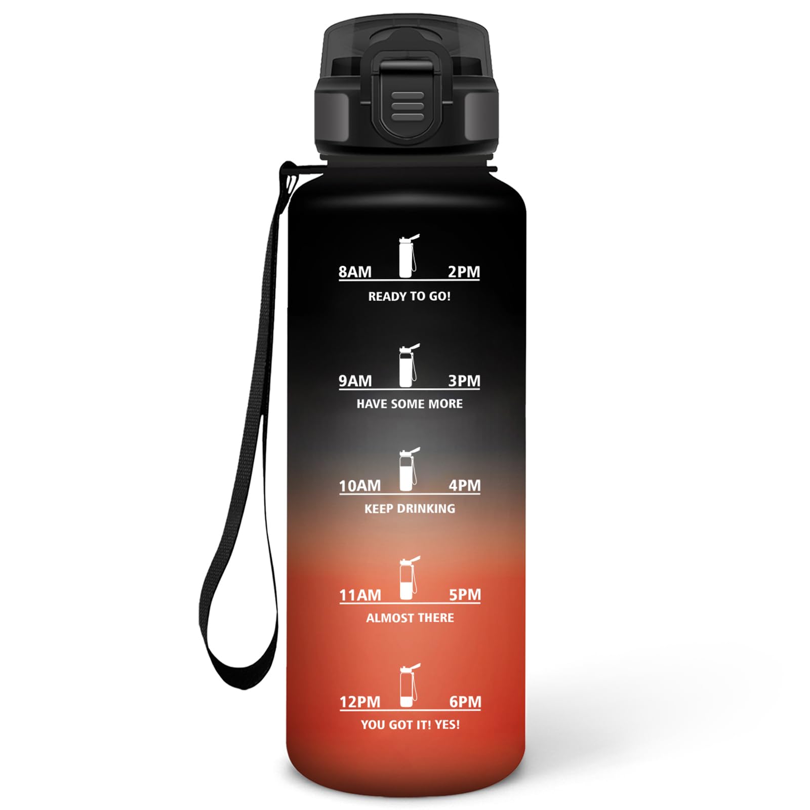 Motswedi Drinking Bottle 1500 ml, Leak-Proof, BPA-Free, Motivational with Time Marking, Drinking Bottle with Straw, Matte Black & Red