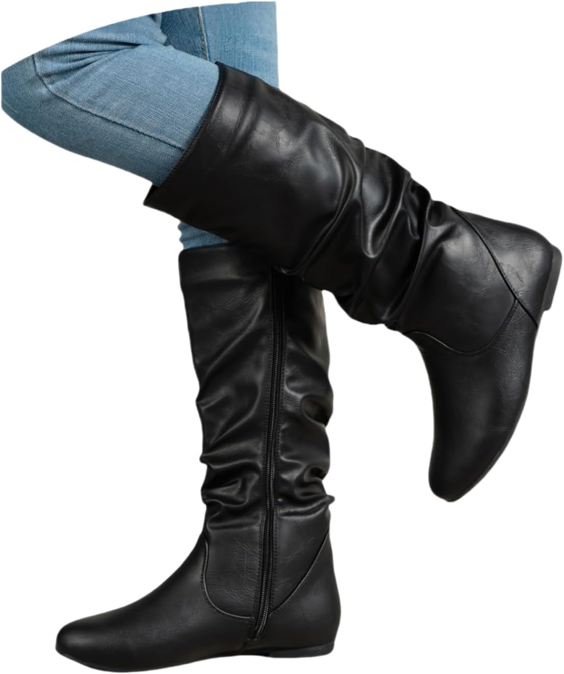 Women's Slouchy Knee High Boots Pull On Flat Boots with Side Zipper Fall Winter Western Cowgirl Booties for Women Soft Faux Leather Round Toe Low Heels Combat Mid Calf Tall Dress Boots