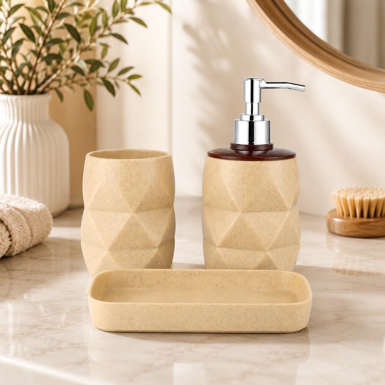 Shenron Bathroom Accessories Set of 3 with Soap Dispenser for Wash Basin, Tooth Brush Holder & Tray | Unbreakable Plastic Handwash Dispenser Bottle for Liquid Soap, Lotion & Shampoo, Beige-image-41