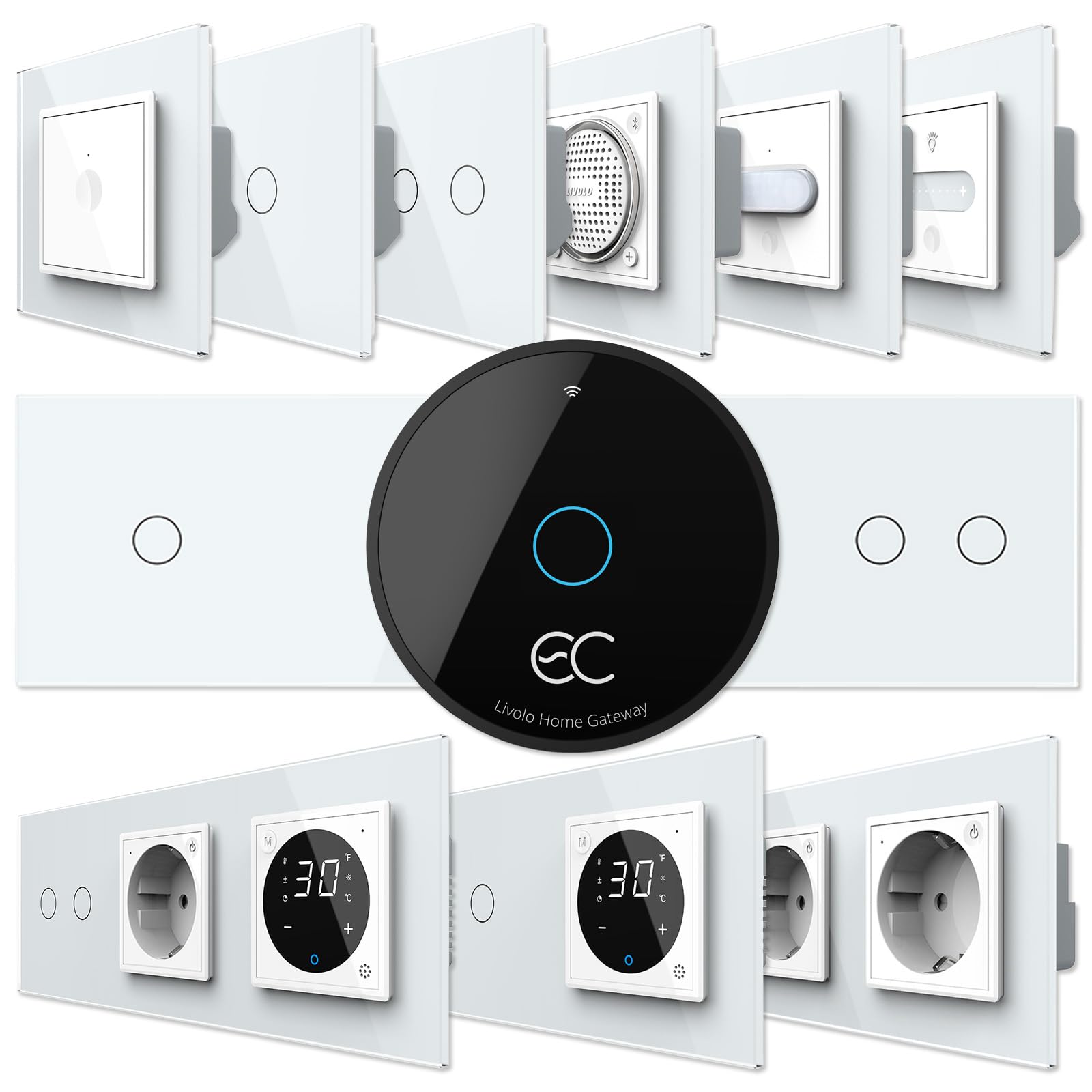 WLAN EC Schuko Steckdose Touch Lichtschalter Dimmer Wechselschalter Rollladenschalter | Glas Panel Glasrahmen | App Steuerung (2-Fach EC Lichtschalter)