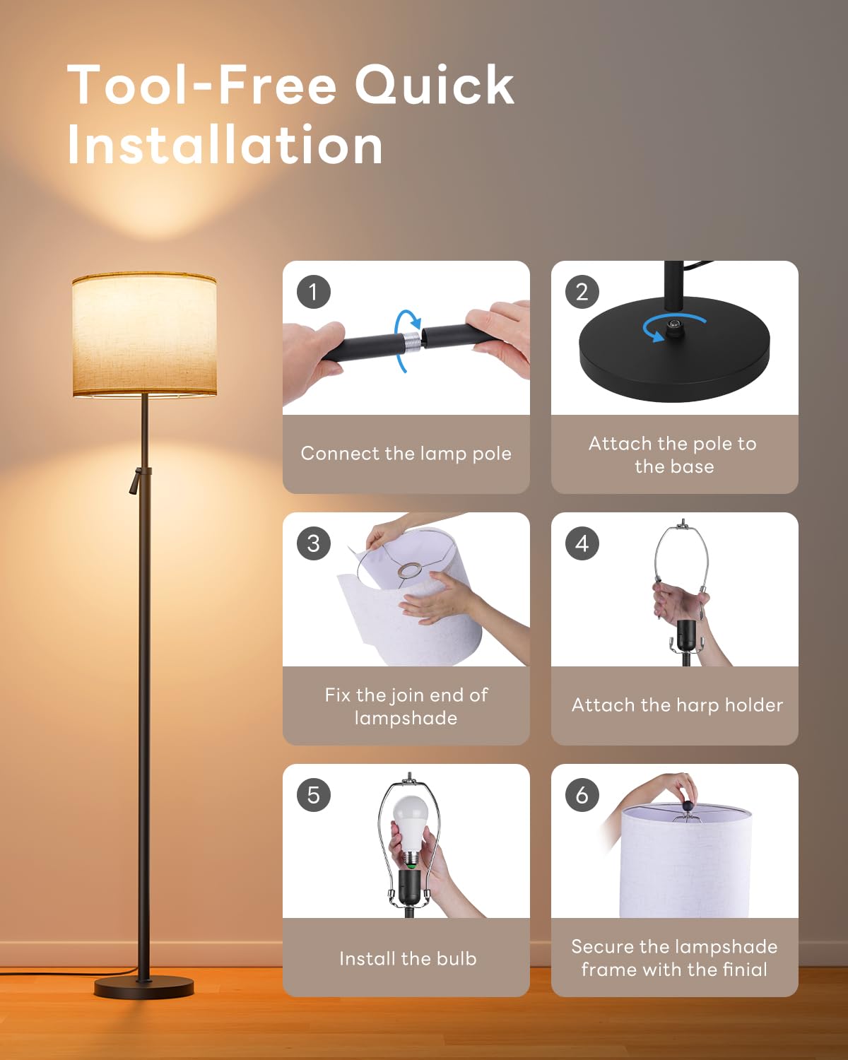 LED Stehlampe Höhenverstellbar, RGB Farbwechsel Leinen Schirm, 152-175cm Teleskopstange Stehleuchte, Magnetische Fernbedienung, 1200lm 10W, 1600K Blaulichtfrei Dimmbar Leselampe, Schwarz