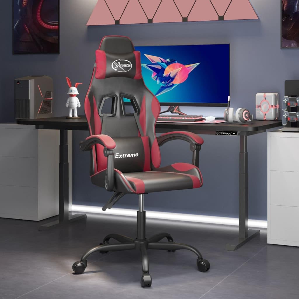 Chaise Fauteuil Gamer Noir et Rouge Bordeaux en Similicuir, siège Gaming Ergonomique pivotant et inclinable, Dossier réglable, roulettes, accoudoir, pour Bureau, Streaming