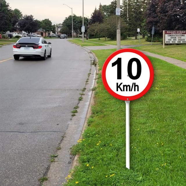 Segnale limite di velocità 10 km con pali in metallo, cartello in alluminio per uso esterno, 23 x 23 cm, resistente alle intemperie