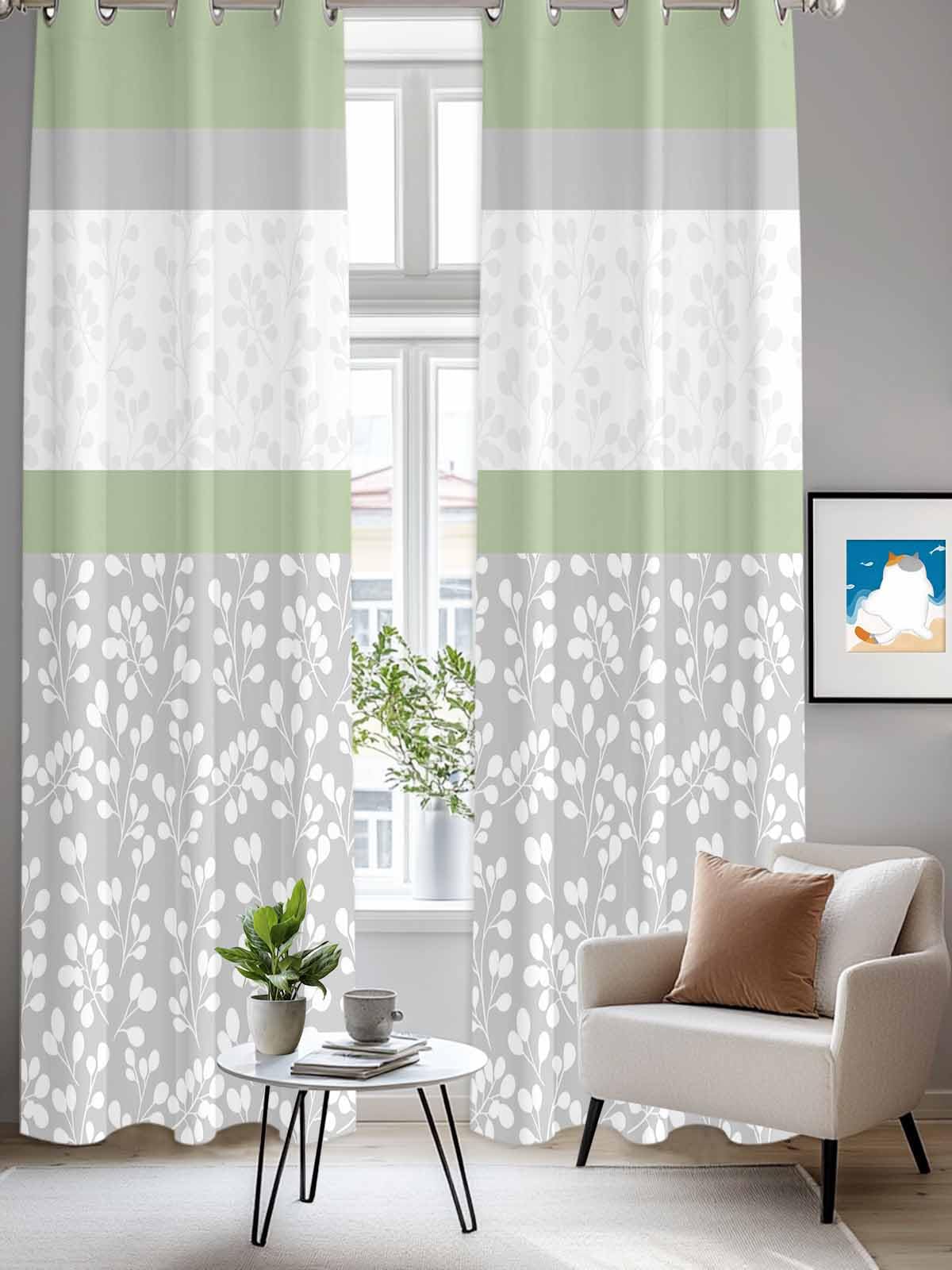 Sage Green Grey Window Curtains Panels with Silver Grommet,Chic Garden Floral Stripe Aesthetic Kitchen Cafe Curtain Draperies Window Treatment Set for Living Laundry Room/Bedroom/Bathroom/Cafe,84x84