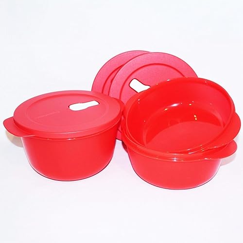 Miniatura 3 de Tupperware Juego de 3 cuencos para microondas Crystalwave de 4.25, 6.25 y 8.5 tazas, color rojo