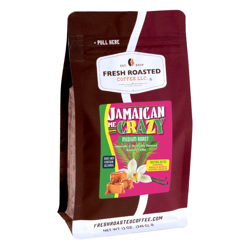 Fresh Roasted Coffee, Jamaican Me Crazy Flavored Coffee, 12 oz, Medium Roast, Kosher, Ground