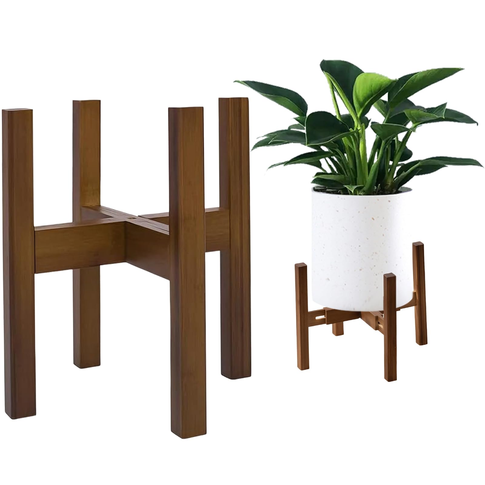 Yeqqzq Adjustable Plant Stand, Natural Bamboo Mid Century Modern Indoor Plants Stands, Fits 8 to 13 Inches Pots, (Pot & Plant Not Included)