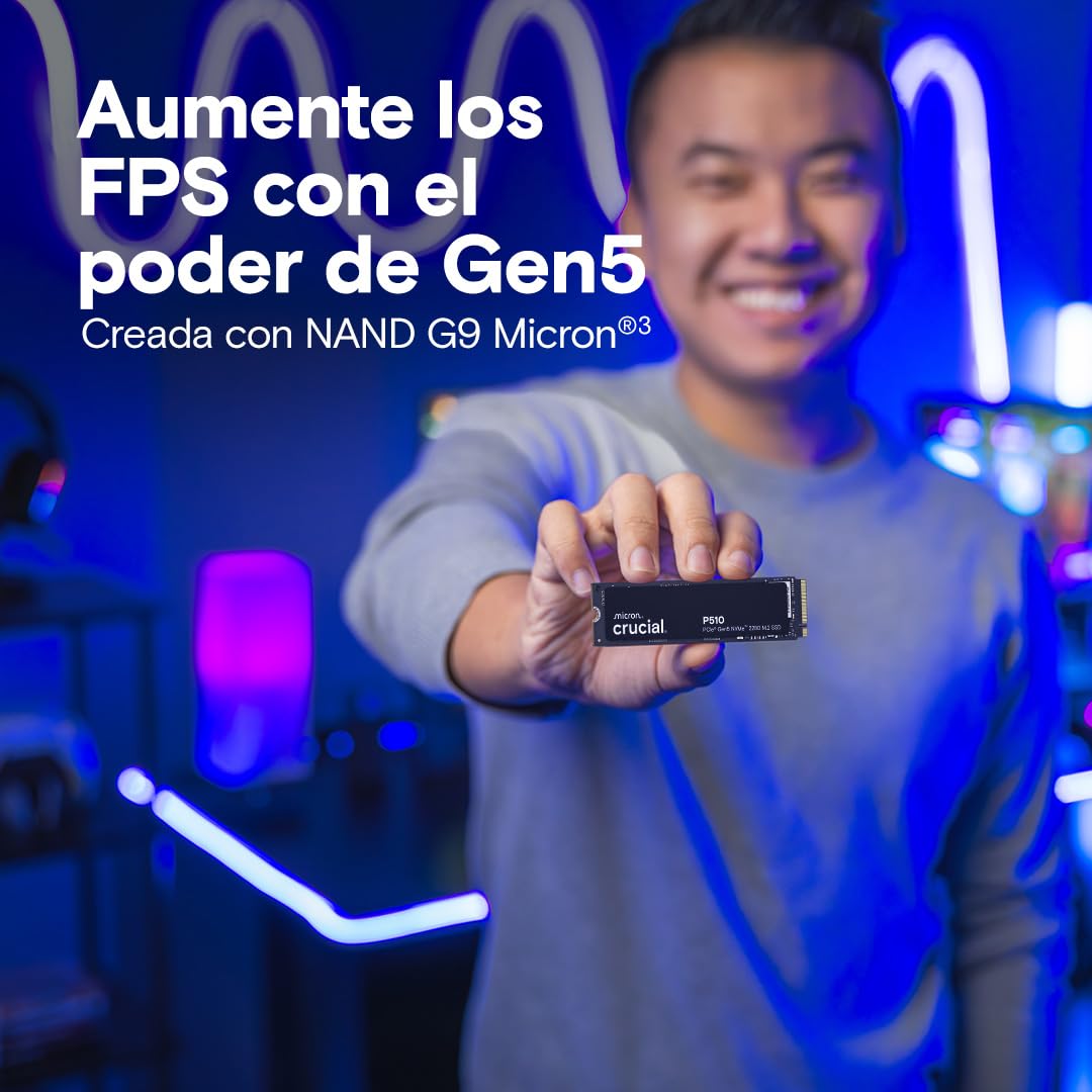 Crucial P510 SSD 1TB PCIe 5.0 x5 Gen5 NVMe M.2, Velocidades de lectura hasta 11.000 MB/s, escritura 9.500 MB/s, Ordenador Portátil y de Sobremesa, TLC NAND, Disco Duro Interno- CT1000P510SSD8-01