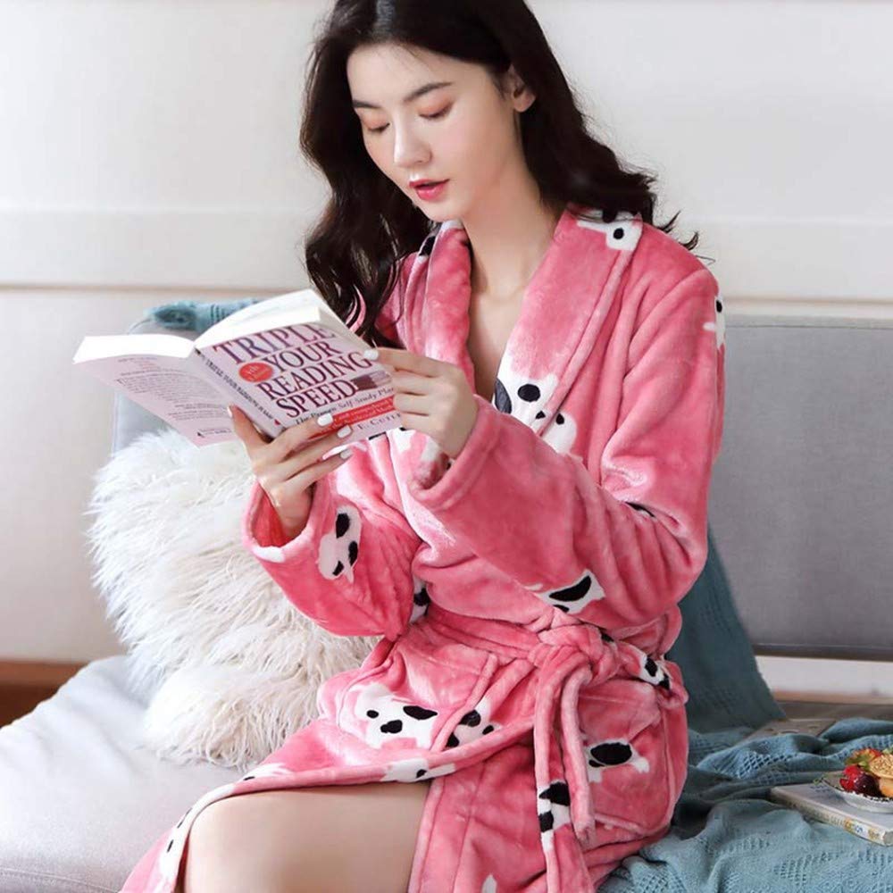 Peignoir d'hiver,Les Dames À La Mode Robe D’Hiver Chaud Corail Toison De Bain Pyjamas À La Maison Porter Confortable Kimono Hôtel Peignoir avec Mignon Animal Imprimé Rose Fille Sexy