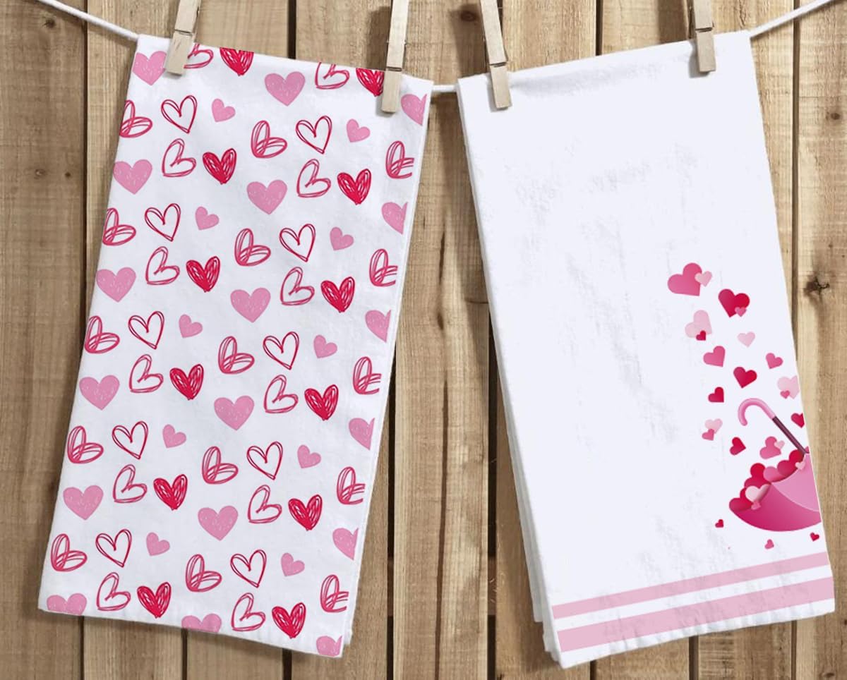 Watercolor Love Hearts Umbrella Kitchen Dish Towels, 18 x 28 Inch Seasonal Valentine's Day Anniversary Wedding Decoration Tea Towels for Cooking Baking Set of 2 - Image 5
