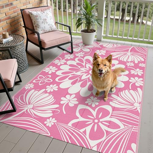 Ileading Outdoor Patio Rug, Pink Floral Reversible Outdoor Rug, Waterproof Plastic Straw Mat, Portable Outside Deck Area Rug, Camping RV Carpet for Porch Balcony (5×8 ft) - Image 3