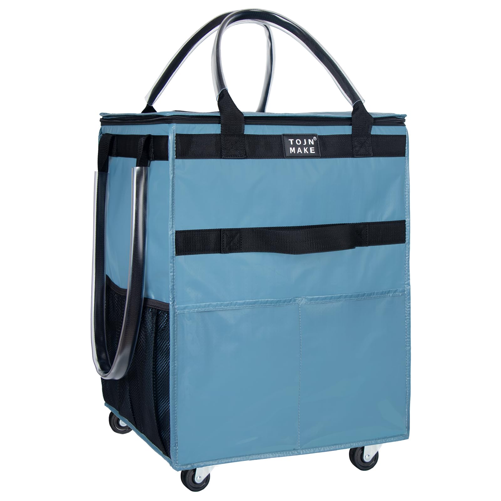 Reusable Grocery Bag On Wheels, Shopping Trolley, Rolling Tote with 8 Pockets and Zipper Cover, Foldable, Heavy Duty Handles, Carries Up to 46 LBS (