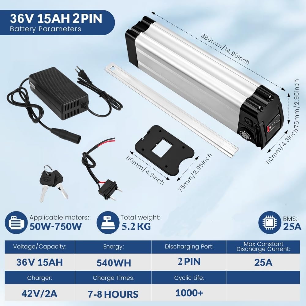 Yinyu X-go Bike Batterie 24V/36V/48V, Ebike Batteria 10Ah/13Ah/15Ah per Motore 200W 250W 300W 500W 750W 1000W Batteria Della Bicicletta Elettrica (36V 15.6Ah 2Pin)