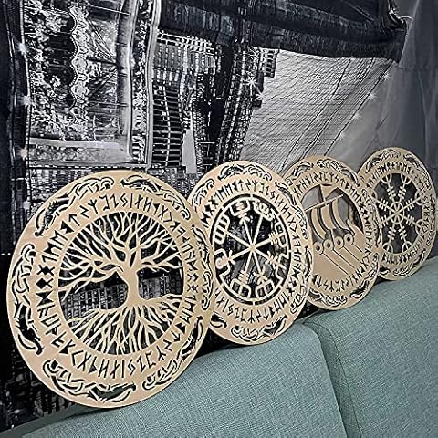 4 Pieces Viking Wooden Wall Decor Tree of Life Wall Art Nordic Viking Runes Amulet Wall Decor Wooden Viking Warship Home Decor Can Be Graffiti, Ready to Hang Living Room Cover