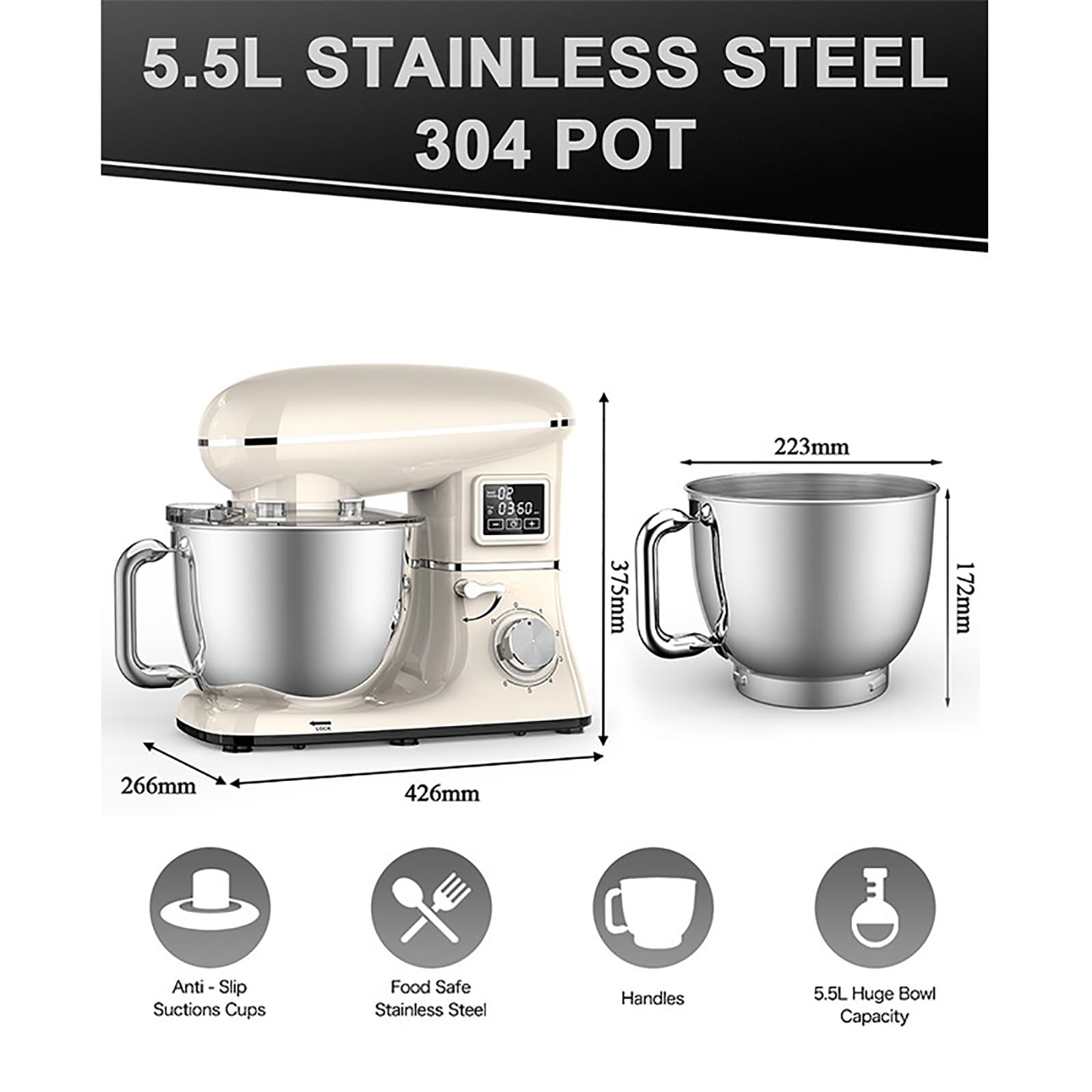 Batidora vertical para masa, batidora industrial, gran capacidad de 5,5 L, 1500 W con batidor, gancho para masa, varillas, 6 velocidades, cabezal inclinable, pantalla LED digital, acero inox