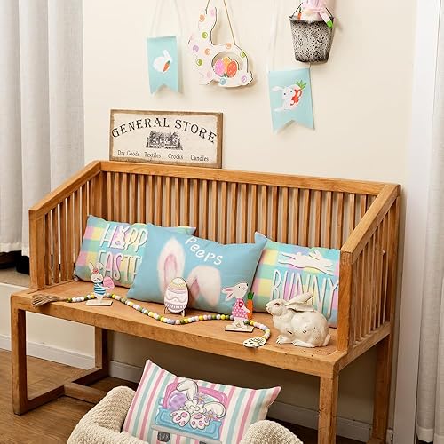 Miniatura 4 de GEEORY Juego de 4 fundas de almohada de Pascua de 18 x 18 pulgadas, conejos de miel, conejito Oh para peeps, camión, huevos, Hip Hop, color azul,