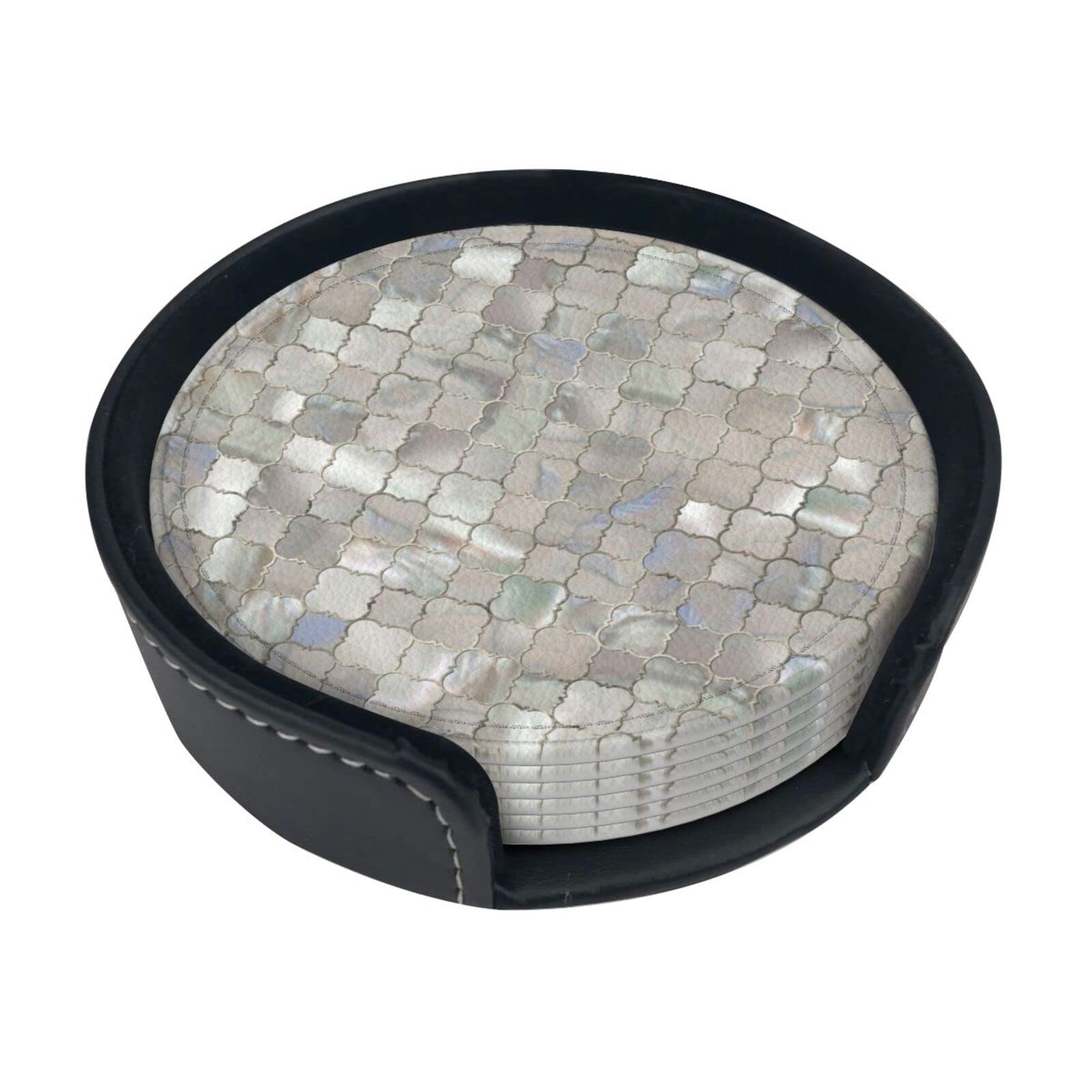 Round Coasters, Quatrefoil Moroccan Mother Of Pearl,Mugs Pad Cups Mat Set of 6 Leather Drinks Coasters with Holder