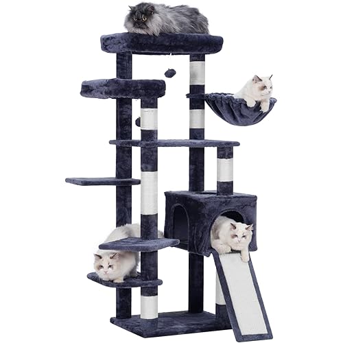 Hey-brother Cat Tree for Indoor Cats, 62.6" Cat Tower with Scratching Post, Cat Condo with Two Large Platforms, Hammock, Big Scratcher, Smoky Gray MPJ029G