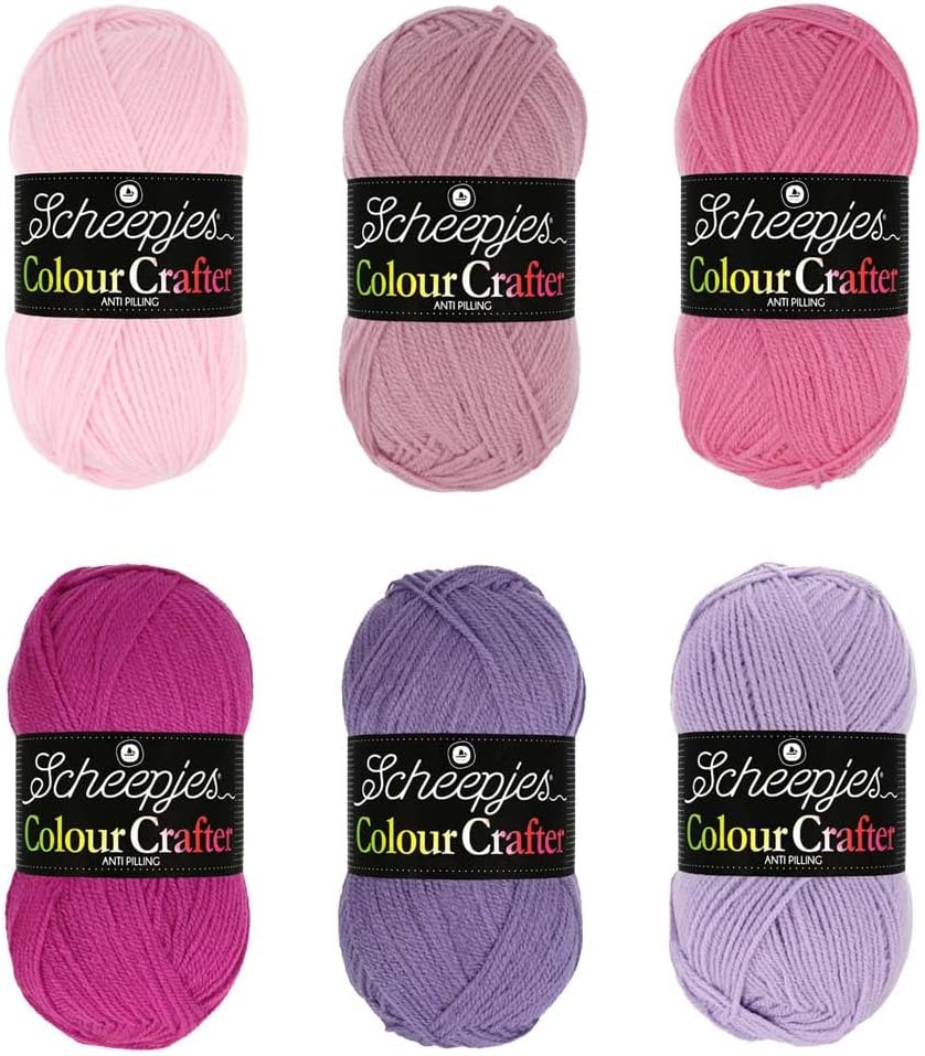 Scheepjes Colour Crafter Tulip Fields Yarn Pack, 6 x 1.76 oz (50 g) skeins, Pink and Purple
