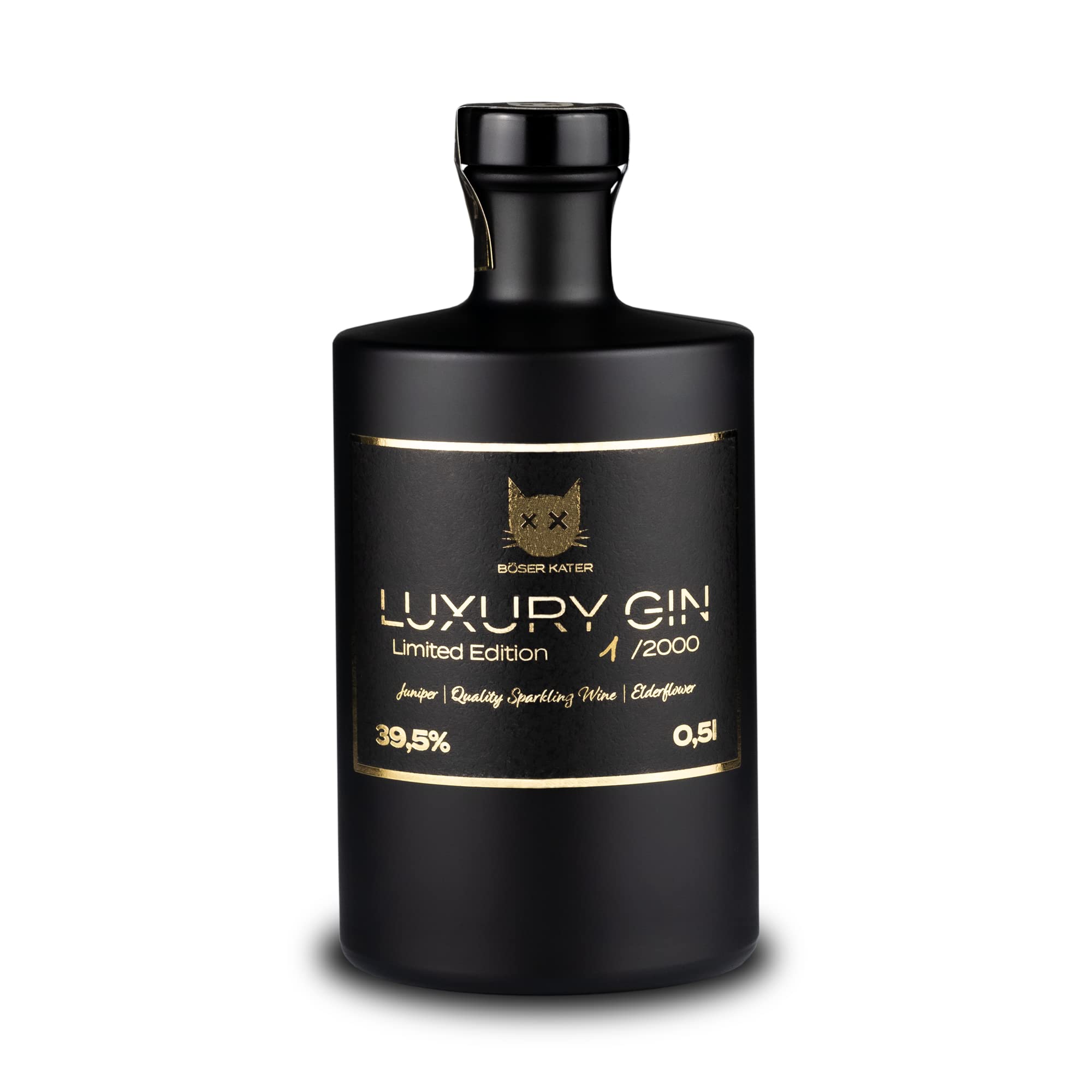 BÖSER KATER Luxury Gin in hochwertiger Flaschendose | Limited Edition 0,5l | Wacholder trifft Qualitätsschaumwein | Limitiert auf 2000 Flaschen weltweit | Von Hand in Gold beschriftet 39,5% vol.