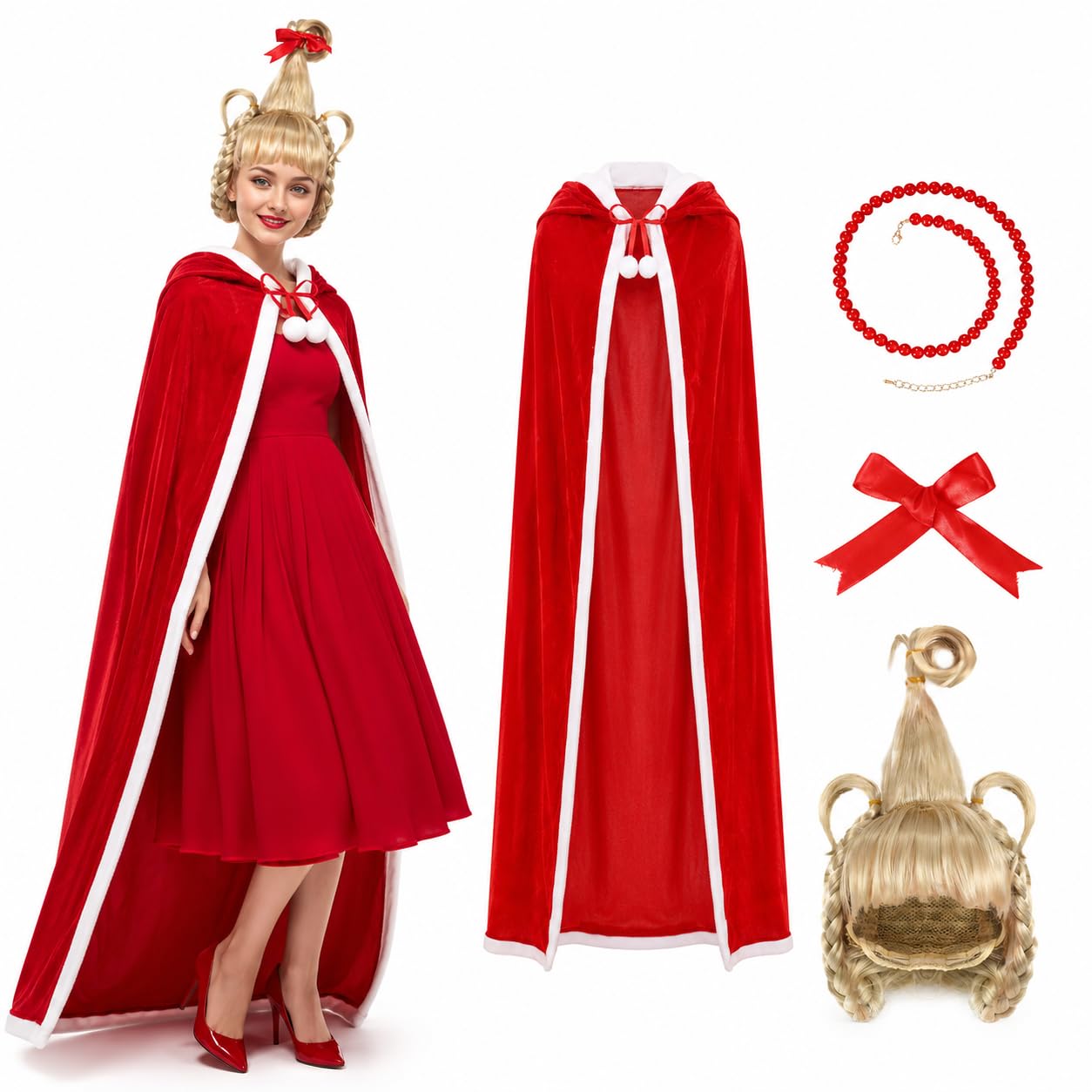 Dacnod 4 Pcs Christmas Costume Adult Hooded Cape Wig Necklace Set Cosplay