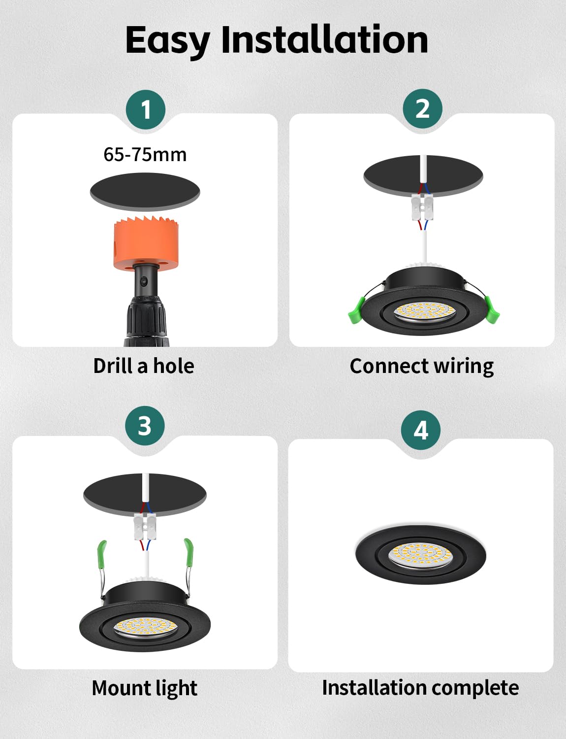 KYOTECH LED Einbaustrahler 230V Dimmbar 26mm Ultra Flach Einbauleuchten IP65 5W 550LM 2700K Warmweiß Einbauspots Nicht Drehbar, Deckenspots für Badezimmer Küche Wohnzimmer Flur Schwarz 10er Set