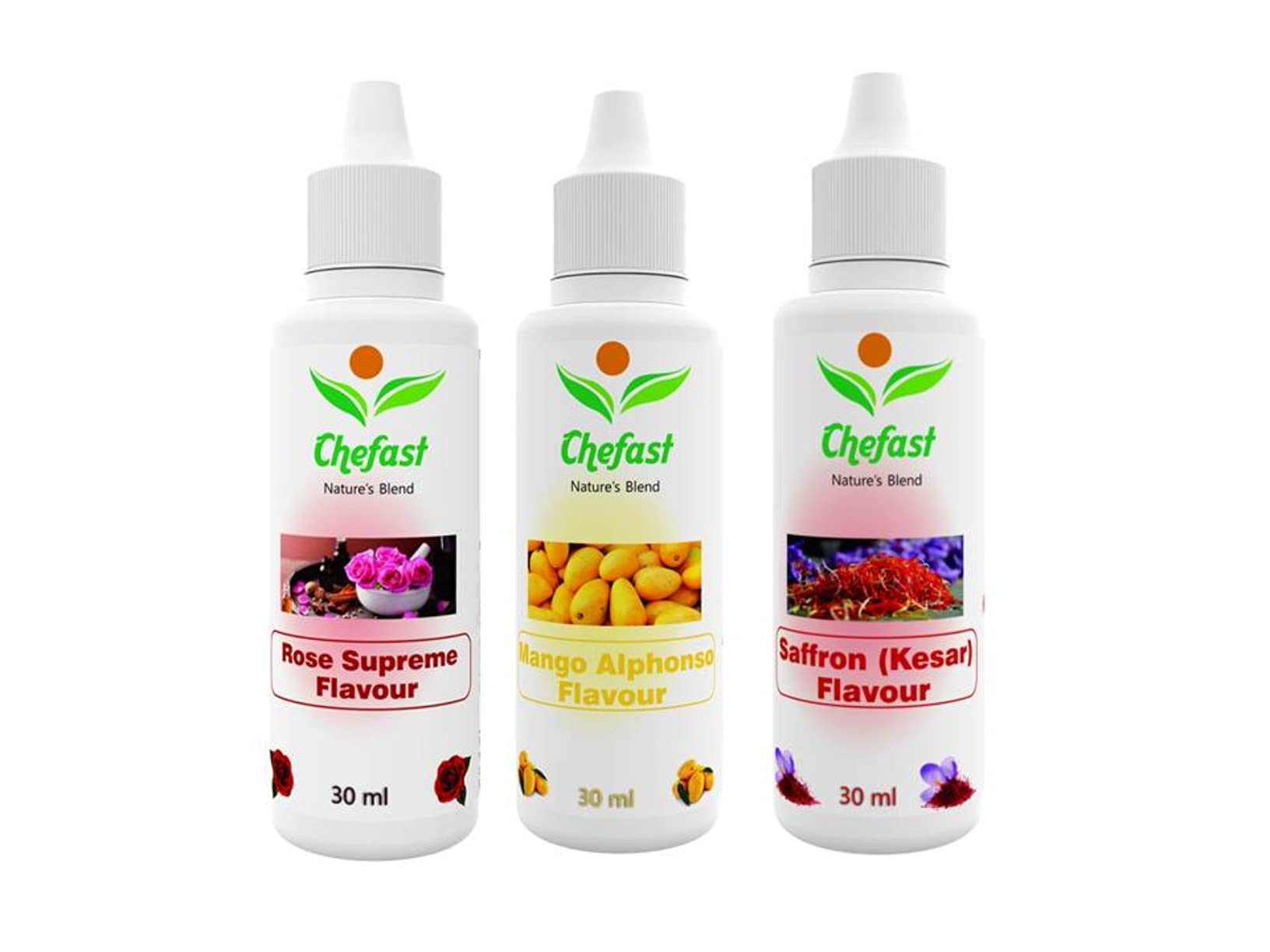 Chefast Pack of 3 Baking Essence Flavour of Mango Alphanso , Rose Supreme, Saffron for Cake, Ice-Cream,Milkshakes- 30ML ( Use 2-3 Drops Essence for 250 Grm Cake) This is Flavour only, Not a Color