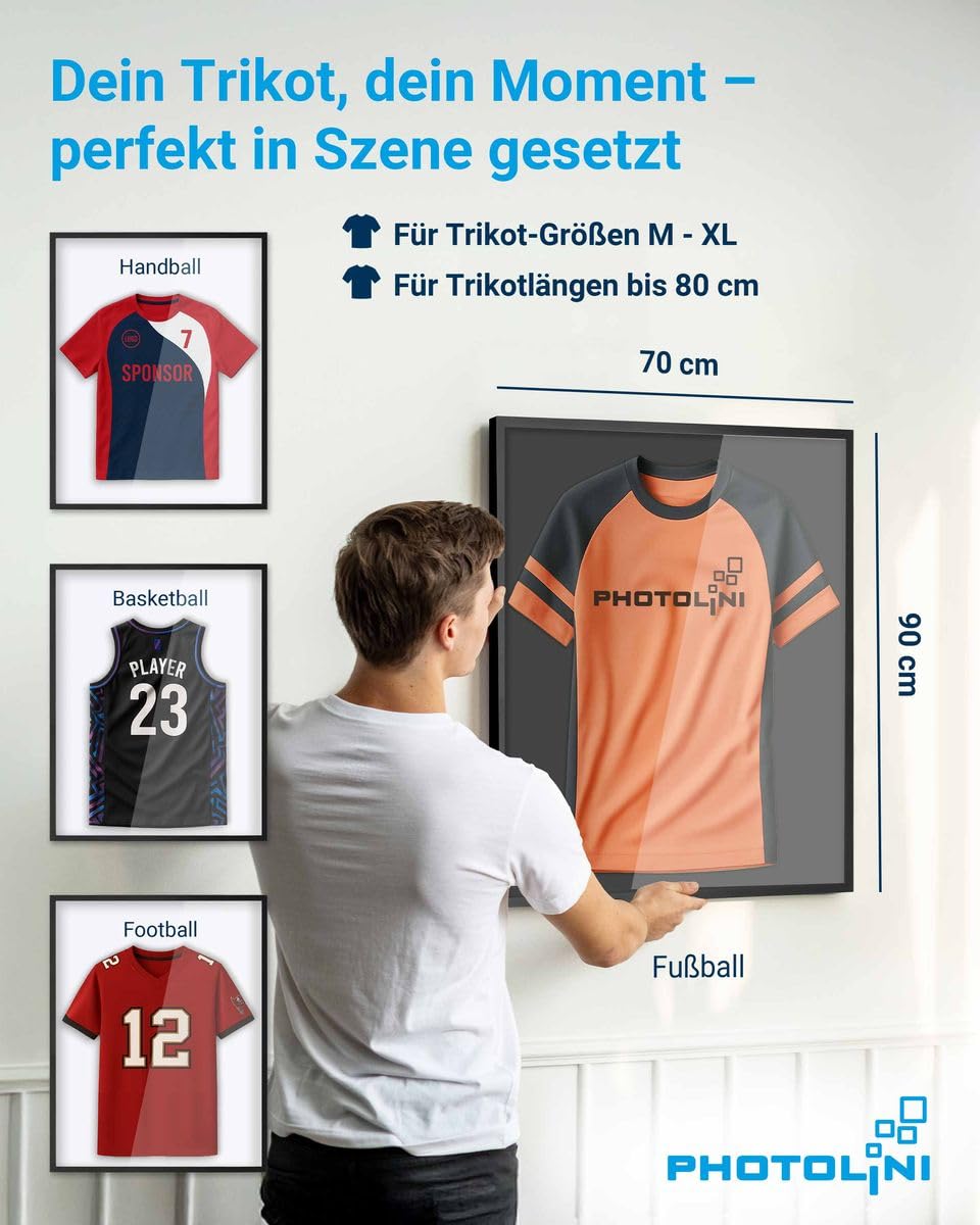 PHOTOLINI Bilderrahmen Trikotrahmen Fußball 70x90, Schwarzer Bilderrahmen für Trikot, Rahmen Trikot 90x70 mit Acrylglas zum Aufhängen, Jersey Frame mit zweifarbiger Rückwand & starkem Magnetsystem