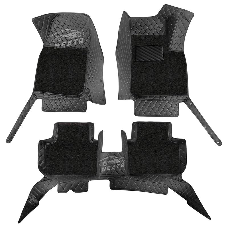 Image of NEXTA Premium Faux Leather 7D Car Floor Mats for MG Majestor - 7 Seater (All 3 Rows) || Luxury Leather with Grass Mat Complete Set || 100% Waterproof and Washable (Color Black & Silver)