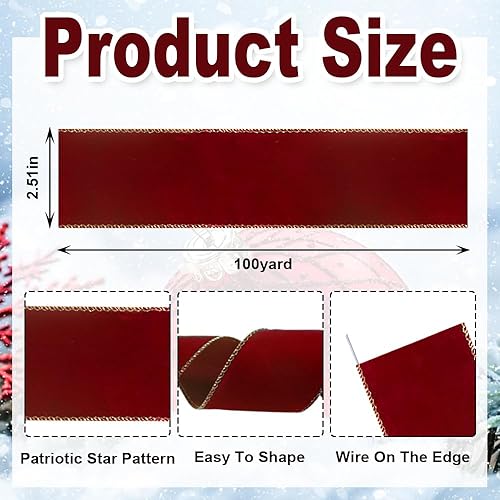 Miniatura 7 de Cinta de terciopelo rojo con borde con alambre de 50 yardas, cinta de arpillera con bordes dorados de terciopelo rojo de 2.5 pulgadas para Navidad,