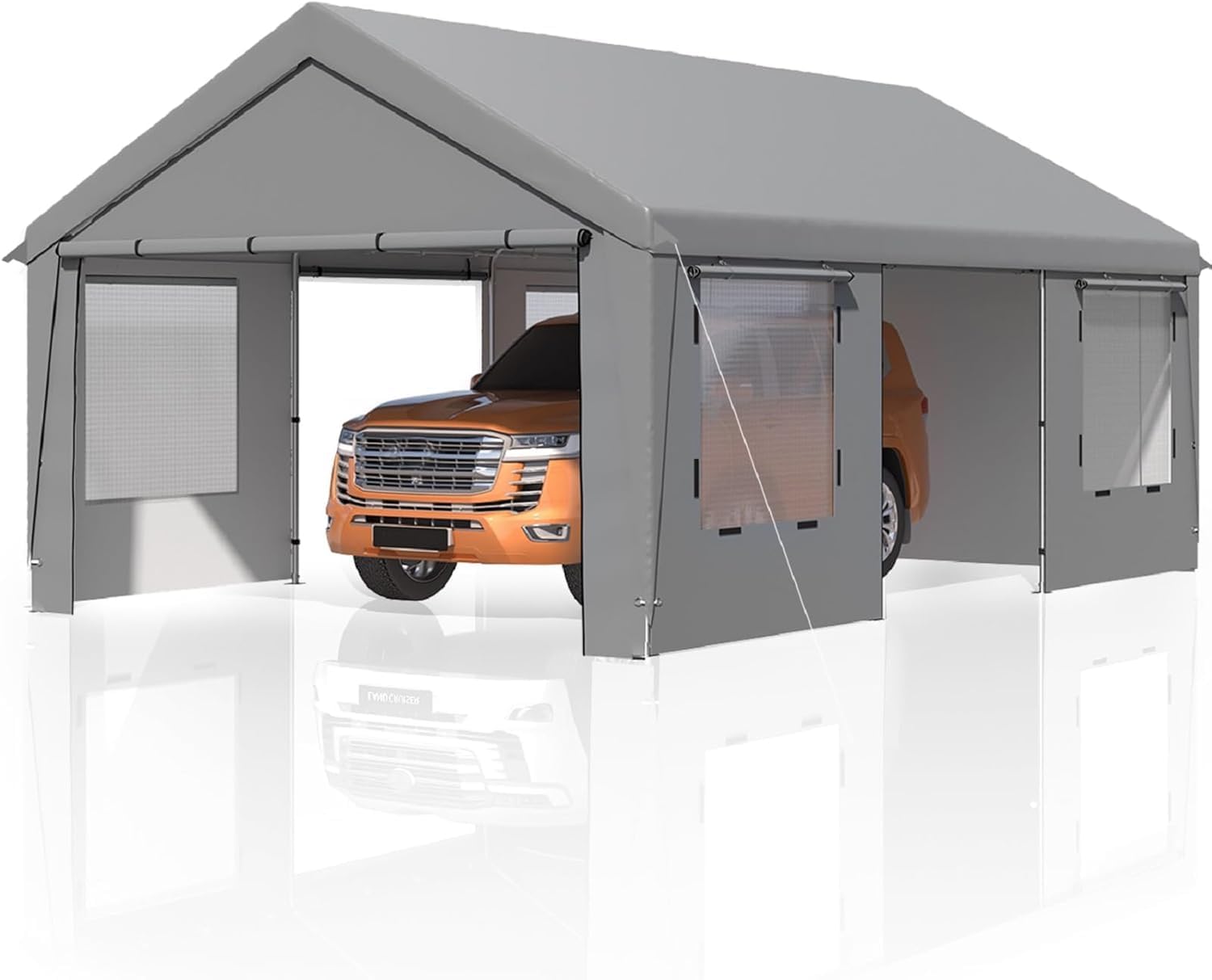 EROMMY Carport, 13x20 Heavy Duty Carport with Roll-up Windows，Portable Garage with Removable Sidewalls, Car Canopy with Sandbags and All-Season Tarp for Tractor, Truck, Outer Gray and Inner White