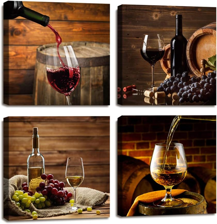 Red Wine Cups HD Modern 4 Panels Framed Wall Art Abstract Giclee Canvas Prints Artwork Contemporary Vintage Pictures Paintings on Canvas Wall Art for Kitchen Home Decorations